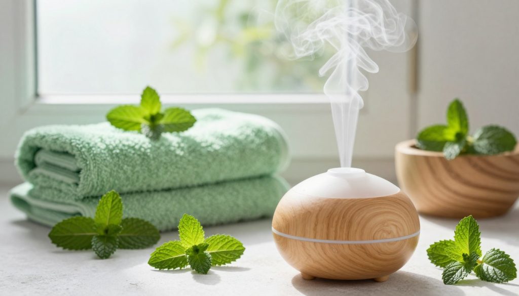 A serene bathroom setting highlighting the refreshing essence of peppermint. In the foreground, a stylish diffuser, elegantly crafted, releases plumes of cool, minty vapors. The middle ground showcases a tastefully arranged spa scene with soft green towels and natural wooden accents, complemented by fresh peppermint leaves artfully scattered around. The background features a frosted window letting in soft, diffused morning light, creating an inviting atmosphere rich with tranquility. The overall mood is crisp and rejuvenating, evoking a luxurious and calming sanctuary. The scene is shot from a slightly elevated angle to capture the entirety of this peaceful escape. The lighting is bright yet soft, emphasizing the freshness and cleanliness associated with peppermint, while subtle shadows add depth to the composition.