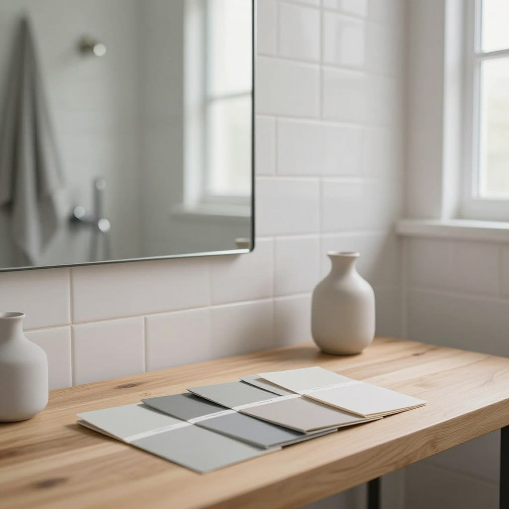 A serene bathroom setting showcasing swatches of pale warm gray paint with subtle greige undertones. The foreground features neatly arranged paint swatches on a light wooden countertop next to a delicate, elegant bathroom accessory. In the middle, a stylish mirror reflects the soothing colors, enhancing the visual depth. The background reveals a softly lit bathroom with white tiles and chrome fixtures, creating a tranquil atmosphere. Natural light streams in from a nearby window, creating gentle shadows and highlights. The overall mood is calming and inviting, emphasizing the versatile beauty of this color choice for small spaces. The composition is designed with a focus on both functionality and aesthetic appeal, connecting paint and atmosphere seamlessly.
