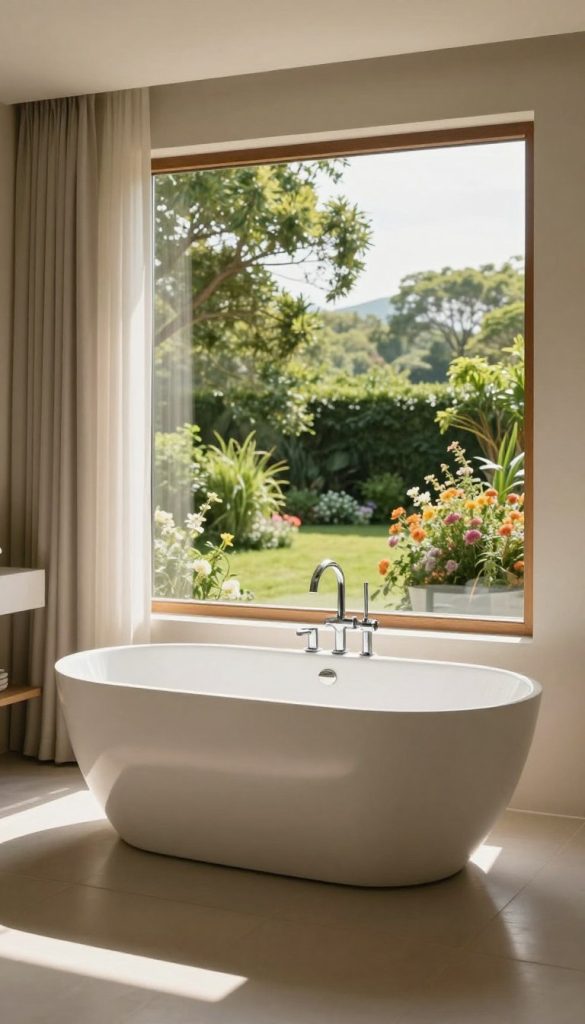 A serene bathroom space features a beautifully crafted freestanding tub positioned elegantly beside a large picture window. The tub, with a modern design and polished chrome fixtures, invites relaxation. Sunlight streams through the expansive window, casting gentle shadows across the smooth floor. Outside, lush green gardens and vibrant flower beds create a picturesque landscape, with trees swaying lightly in a soft breeze. The atmosphere is tranquil and inviting, enhanced by the warm, natural light. The window's framing is adorned with simple, light sheer curtains that flutter slightly. The angle captures both the tub and the scenic view, emphasizing the luxurious experience of bathing with a captivating outlook. A serene bathroom space features a beautifully crafted freestanding tub positioned elegantly beside a large picture window. The tub, with a modern design and polished chrome fixtures, invites relaxation. Sunlight streams through the expansive window, casting gentle shadows across the smooth floor. Outside, lush green gardens and vibrant flower beds create a picturesque landscape, with trees swaying lightly in a soft breeze. The atmosphere is tranquil and inviting, enhanced by the warm, natural light. The window's framing is adorned with simple, light sheer curtains that flutter slightly. The angle captures both the tub and the scenic view, emphasizing the luxurious experience of bathing with a captivating outlook.