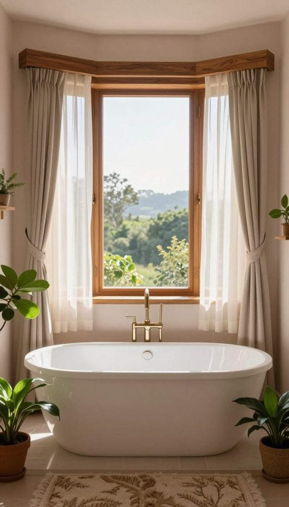 A serene bay window alcove featuring a spacious integrated bathtub, elegantly situated under soft natural light. The foreground showcases a luxurious white freestanding bathtub with sleek lines, surrounded by potted greenery for a refreshing touch. The middle layer includes the inviting bay window, framed by sheer curtains that gently diffuse the sunlight, highlighting the rich wooden trim and panoramic view outside. In the background, soft pastel walls enhance the tranquil atmosphere, while a plush area rug adds warmth to the space. The overall mood is calm and inviting, perfect for relaxation and enjoying the scenic view, with shadows delicately cast by the afternoon sun. The image captures a peaceful spa-like ambiance, inviting contemplation and leisure. A serene bay window alcove featuring a spacious integrated bathtub, elegantly situated under soft natural light. The foreground showcases a luxurious white freestanding bathtub with sleek lines, surrounded by potted greenery for a refreshing touch. The middle layer includes the inviting bay window, framed by sheer curtains that gently diffuse the sunlight, highlighting the rich wooden trim and panoramic view outside. In the background, soft pastel walls enhance the tranquil atmosphere, while a plush area rug adds warmth to the space. The overall mood is calm and inviting, perfect for relaxation and enjoying the scenic view, with shadows delicately cast by the afternoon sun. The image captures a peaceful spa-like ambiance, inviting contemplation and leisure.