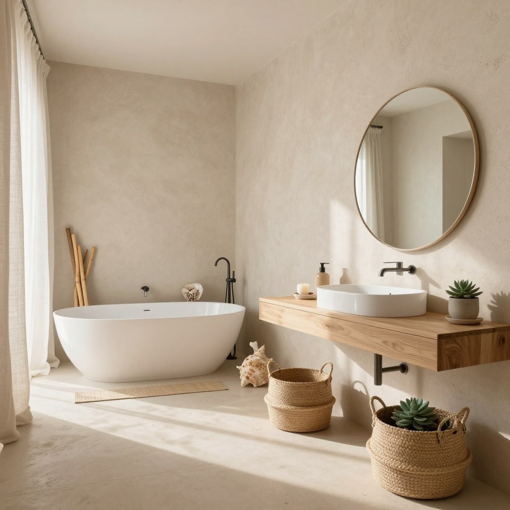 A serene beach bathroom decor featuring sandy neutrals, with a focus on textured walls that evoke a natural sandy feel. The foreground showcases a minimalist wooden vanity with natural fiber baskets, accented by potted succulents in muted tones. In the middle, a large round mirror reflects soft, warm lighting, enhancing the tranquil atmosphere. The background includes a freestanding bathtub surrounded by bamboo accents and nature-inspired decor items, such as seashells and driftwood. Soft sunlight filters through sheer linen curtains, casting gentle shadows and creating a calm ambiance that invites relaxation. The color palette should consist mainly of soft beiges, taupes, and subtle whites, capturing the essence of a coastal retreat. Opt for a wide-angle view to emphasize the spaciousness and soothing atmosphere of this beach-inspired sanctuary.