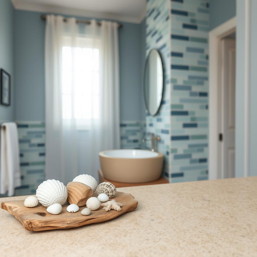 A serene beach bathroom setting featuring a soothing color palette inspired by ocean blues, sandy neutrals, and soft whites. In the foreground, a stylish arrangement of decorative seashells in various shapes and sizes rests on a rustic wooden shelf made from driftwood. The middle ground showcases a modern bathroom sink with a textured beige countertop, while artisan tiles in oceanic hues adorn the walls. The background reveals a bright window with sheer curtains that allow soft, natural light to fill the room, enhancing the tranquil atmosphere. The overall mood is refreshing and inviting, evoking the breezy essence of a coastal retreat. The scene is designed to showcase the connection between the beach and bathroom decor perfect for creating an ocean-inspired oasis.