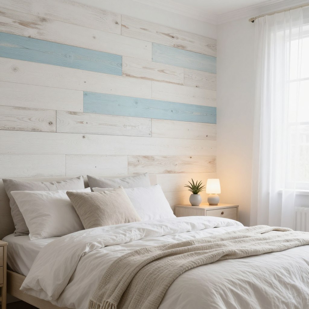 A serene bedroom scene featuring a coastal-inspired accent wall made of whitewashed and weathered wood. In the foreground, there's a beautifully made bed with a light, airy duvet and soft, textured throw pillows that complement the wall. The accent wall showcases varying shades of soft white and pale blue, reminiscent of driftwood and beachcombing treasures. In the middle ground, a minimalist nightstand holds a small, decorative plant and a ceramic lamp casting a warm, inviting glow. The background features soft, natural light filtering through sheer curtains, enhancing the tranquil atmosphere. The overall mood is peaceful and refreshing, evoking the calmness of a seaside retreat, perfect for unwinding after a long day.