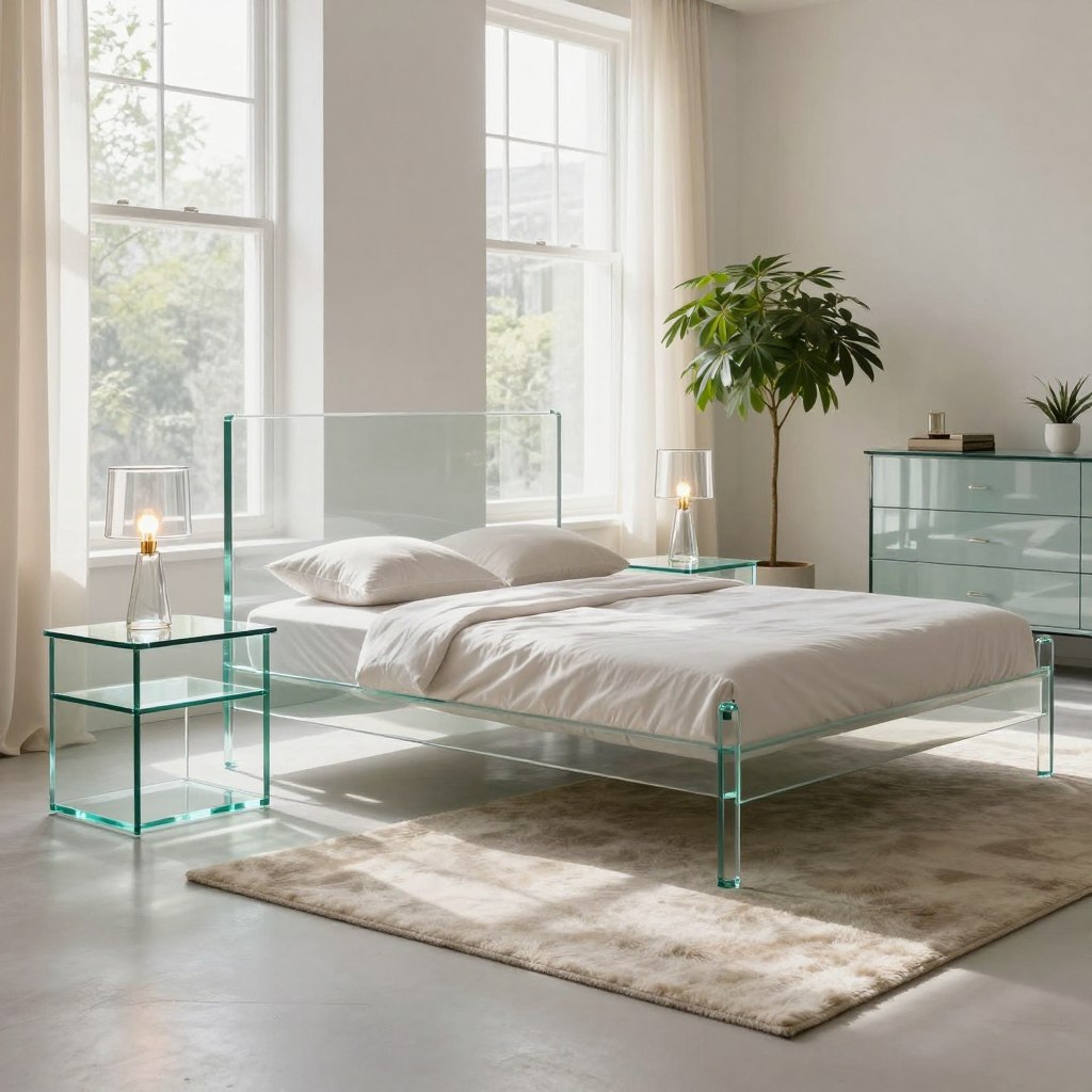 A serene bedroom showcasing modern glass decor, featuring elegant glass furniture like a sleek bed frame, bedside tables, and a chic dresser. The room is bathed in natural light streaming through large windows, highlighting the transparency and reflections of the glass surfaces. A minimalist aesthetic is achieved with soft neutral tones and a touch of greenery from potted plants, enhancing the airy feel. The foreground includes a stylish glass lamp on a nightstand, while the middle shows a plush area rug that complements the glass elements. In the background, soft sheer curtains flutter gently, adding to the tranquil atmosphere. This scene evokes a sense of calm, sophistication, and modernity, ideal for a minimalist retreat.