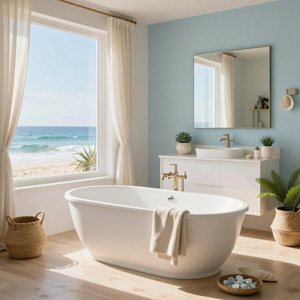 A serene coastal bathroom design bathed in natural light, featuring large windows that showcase a breathtaking ocean view. In the foreground, a freestanding white bathtub sits atop light wooden flooring, surrounded by beach-inspired decor such as woven baskets, sea glass accents, and soft, sandy-colored towels. The middle section highlights a shell-themed vanity with a large mirror reflecting tranquil coastal colors—soft blues, sandy beiges, and crisp whites. In the background, soft sunlight streams in, creating a warm and inviting atmosphere. Accent plants like succulents and ferns add a touch of greenery, while airy sheer curtains flutter gently. The overall mood is calm and rejuvenating, evoking the essence of a peaceful beach retreat where one can unwind and find clarity.