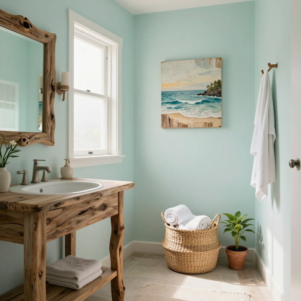 A serene coastal bathroom, featuring a blend of driftwood and weathered wood elements. In the foreground, a rustic wooden vanity with a polished driftwood mirror reflecting soft, natural light. The middle ground showcases a relaxing atmosphere, with a woven basket made of natural fibers holding rolled towels, accompanied by a small potted plant. The background features light, airy walls painted in a soft seafoam hue, complemented by a coastal-themed artwork made from reclaimed wood. Sunlight filters in through a nearby frosted window, creating a warm, inviting glow. The overall mood is tranquil and refreshing, evoking the feeling of a breezy beach retreat, while emphasizing a natural, organic touch.