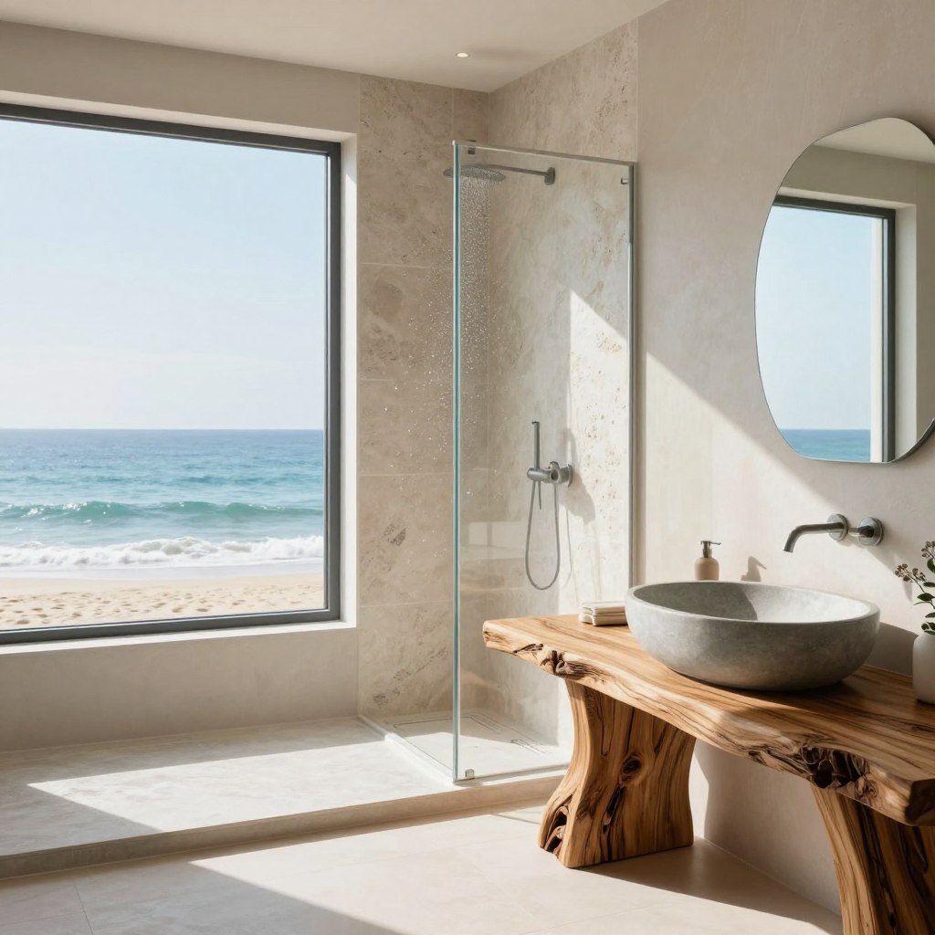 A serene coastal bathroom featuring live edge wood accents and natural stone textures. In the foreground, a stunning live edge wood vanity with a polished surface shows off its organic curves, complemented by a sleek vessel sink made of smooth, gray stone. The middle ground reveals a large, walk-in shower adorned with beautiful, textured stone tiles, reflecting soft water droplets. The background includes large windows opening to a breathtaking ocean view, inviting natural light to flood the room. Bright, airy colors with pale blues and sandy beiges enhance the coastal atmosphere. The mood is calm and refreshing, evoking a beachy tranquility, while the soft sunlight creates gentle shadows, highlighting the beauty of the materials.