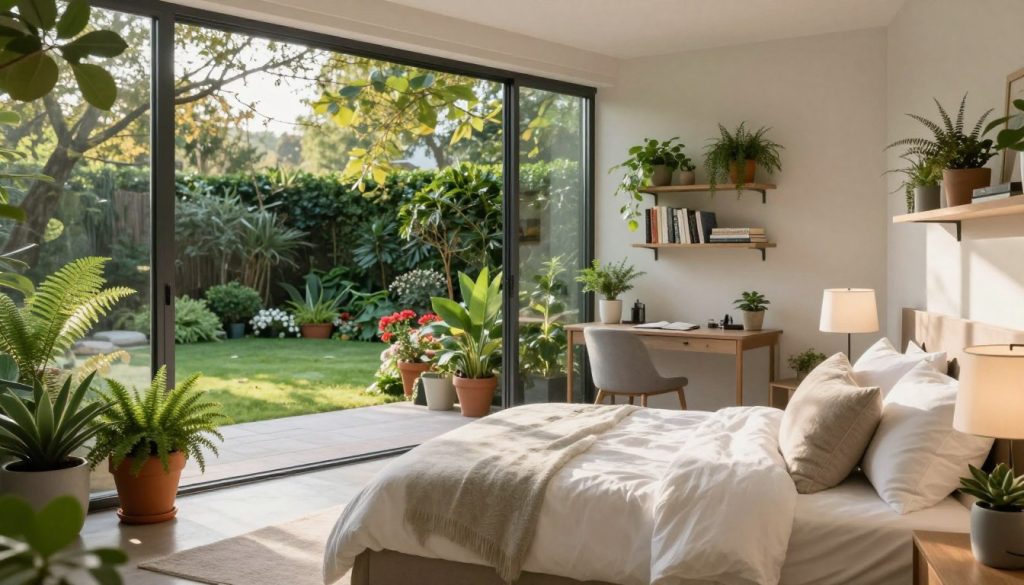 A serene garden-view glass bedroom bathed in warm natural light, featuring floor-to-ceiling glass walls that open up to a lush green garden. In the foreground, a cozy queen-sized bed is adorned with soft white linens and fluffy pillows, flanked by stylish bedside tables with modern lamps. Potted indoor plants like ferns and succulents add a touch of greenery, creating a peaceful atmosphere. The middle ground showcases a minimalistic workspace with a sleek desk, surrounded by more plants, while a wall-mounted bookshelf displays neatly arranged books and plants. In the background, vibrant flowers and trees are visible through the glass walls, enhancing the connection to nature. The soft morning light casts gentle shadows, contributing to a tranquil, inviting ambiance. Use a wide-angle lens for a spacious feel, capturing the harmonious blend of indoor comfort and outdoor beauty.