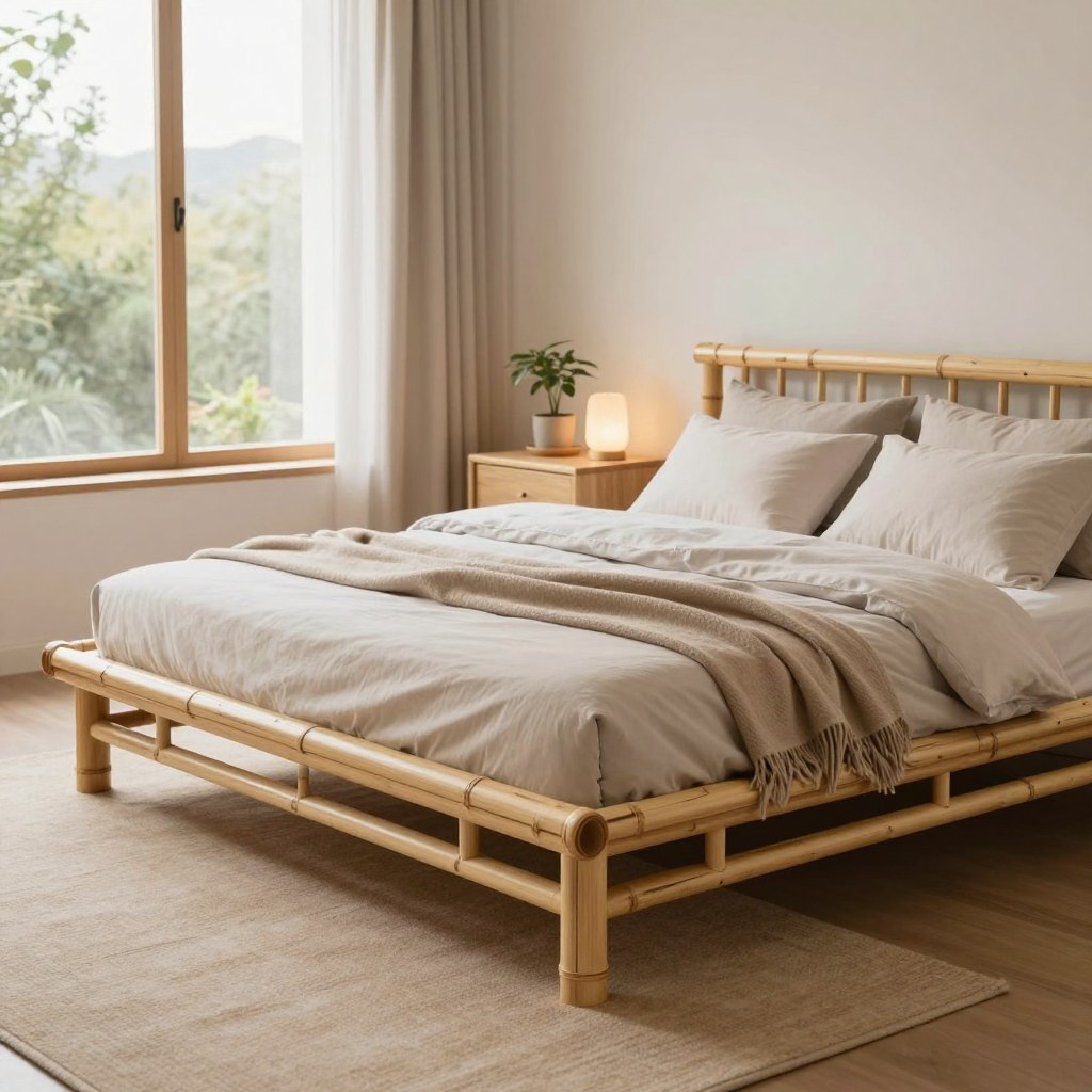 A serene interior scene featuring a sustainable bamboo platform bed as the focal point. The bed is elegantly crafted with natural bamboo, showcasing its smooth texture and eco-friendly design, adorned with simple, neutral-toned bedding and a subtle throw blanket. In the foreground, a cozy area rug complements the natural materials. In the middle ground, nearby, a minimalist nightstand holds a small potted plant and a softly glowing lamp, enhancing the tranquil atmosphere. In the background, a large window lets in soft, diffused light, illuminating the room with a warm hue and revealing a glimpse of greenery outside. The overall mood is calming and harmonious, embodying a sense of sustainability and minimalist elegance.