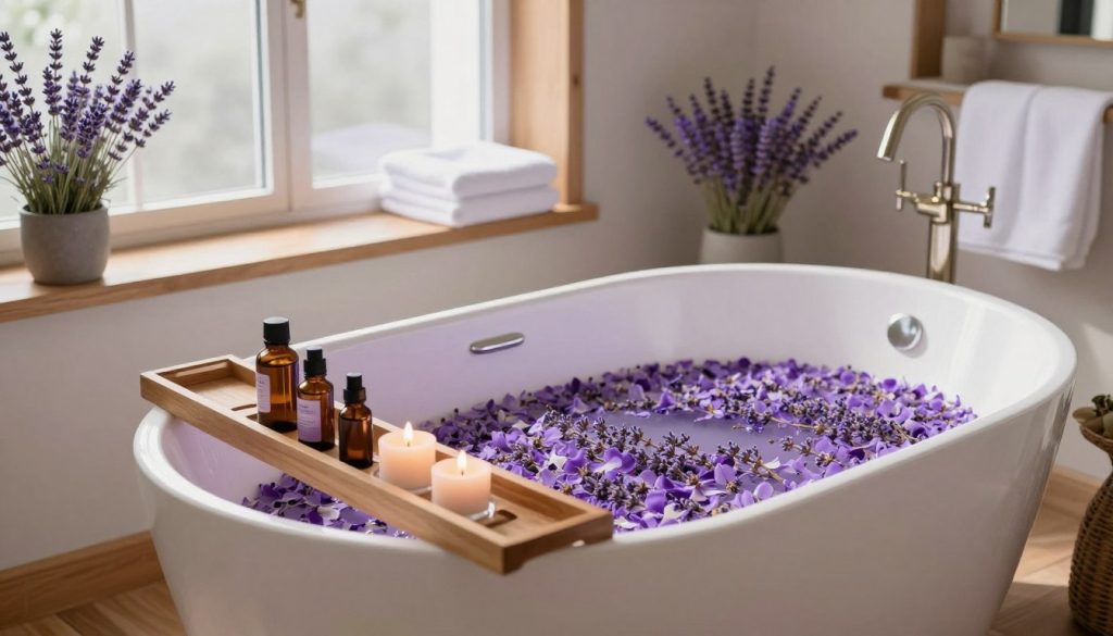 A serene lavender spa bathroom at home, featuring a luxurious freestanding bathtub filled with lavender petals, positioned on polished wooden flooring. In the foreground, a wooden bath tray holds calming candles and essential oil bottles. The soft, diffused daylight streams in through a frosted window, casting gentle shadows and creating a tranquil atmosphere. In the middle, a wall adorned with potted lavender plants and soft white towels adds a touch of elegance. The background reveals light-colored walls and natural wooden accents, enhancing the calming ambiance. The overall mood conveys peace and relaxation, reminiscent of a five-star hotel spa experience.