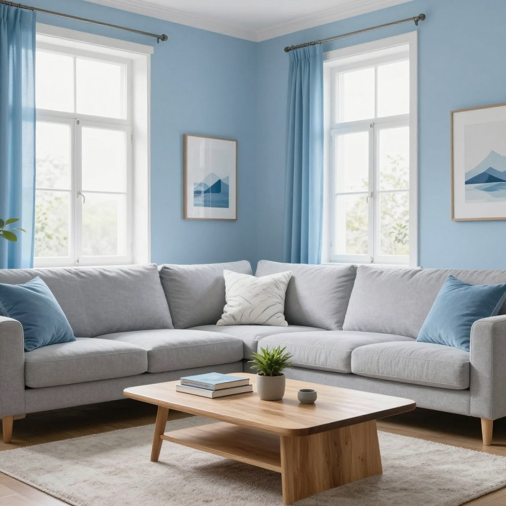 A serene living room featuring calming blue tones on the walls, evoking a tranquil atmosphere. In the foreground, a stylish coffee table made of light wood sits atop a soft, neutral rug, adorned with a few decorative books and a small potted plant. The middle ground showcases a cozy sectional sofa upholstered in a light grey fabric, accented with blue and white patterned throw pillows. Behind it, large windows allow natural light to flood the space, highlighting the gentle blue paint that covers the walls, reflecting a sky-like aesthetic. In the background, subtle wall art complements the color scheme, and soft curtains flutter slightly in a gentle breeze. The lighting is bright yet soft, creating a fresh and uplifting mood. Overall, the scene encapsulates the concept of calm and airy living, perfect for relaxation.