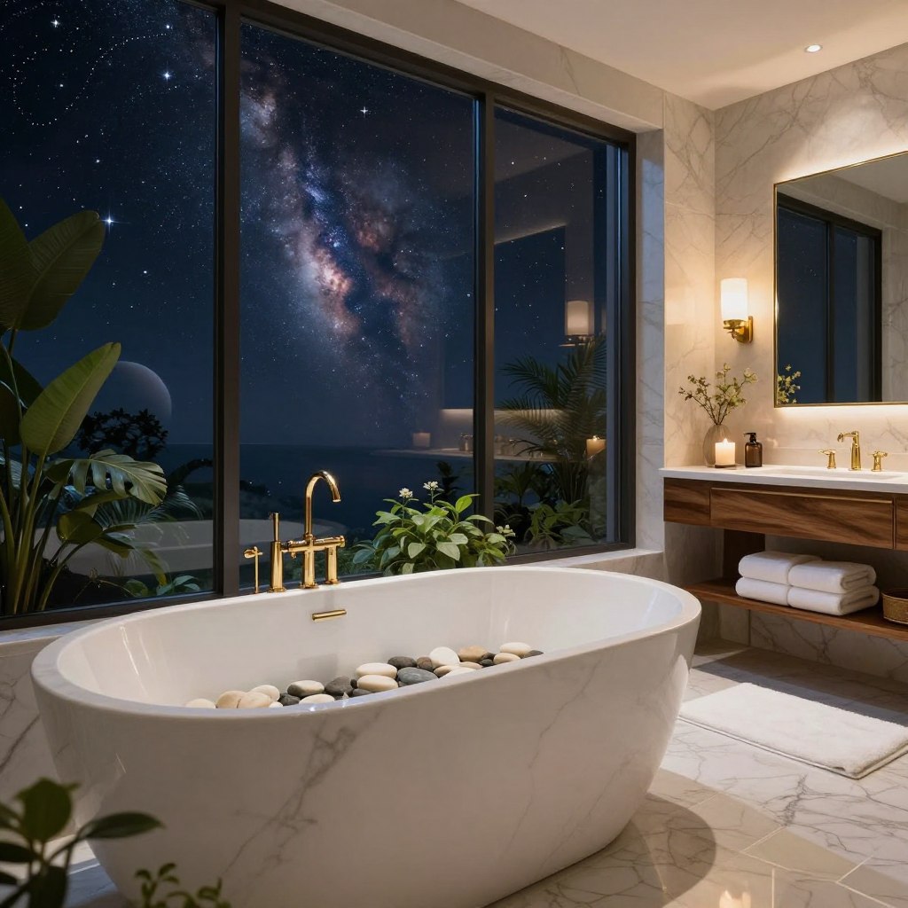 A serene luxury bathroom depicted in a large, airy space, emphasizing opulence while maintaining a harmonious atmosphere. In the foreground, elegant, freestanding white marble bathtub filled with smooth stones and surrounded by lush greenery. The middle section features sophisticated accents like a polished wooden vanity with gold fixtures, plush towels neatly arranged, and a delicate, aromatic candle casting a warm glow. The background shows floor-to-ceiling windows revealing a breathtaking view of a starry night sky, where ethereal space elements like softly glowing nebulae and distant planets can be seen, capturing the essence of tranquility. Soft, diffused lighting highlights the textures of the materials, creating an inviting yet luxurious mood. Use a wide-angle lens to capture the expanse and elegance of the layout. No human figures are present, allowing the focus to remain solely on the luxurious bathroom design.