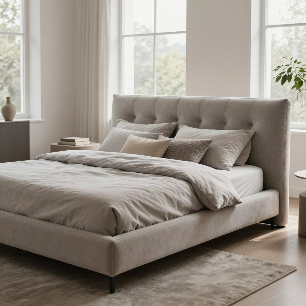 A serene master bedroom showcasing a low profile upholstered platform bed with a minimalist design. The bed features a sleek, tufted headboard in a soft, muted fabric, embellished with elegant stitching. The color palette is calm, incorporating shades of soft gray and beige. The foreground captures the plush bedding, neatly arranged with decorative pillows in various textures, harmonizing with the overall aesthetic. In the middle ground, natural light floods the room through large windows, casting gentle shadows that enhance the bed's luxurious texture. The background displays subtle decor elements such as a minimalistic bedside table and a potted plant, contributing to a tranquil atmosphere. The lens captures the scene from a slightly elevated angle, emphasizing the bed's luxurious yet approachable appeal in a chic, modern setting.