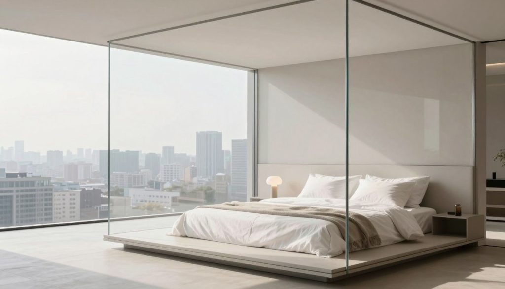 A serene minimalist bedroom designed as a transparent glass cube, featuring sleek, modern furnishings that maximize light and space. The foreground showcases a low-profile platform bed with crisp white linens and a soft, neutral-toned throw blanket. In the middle, a minimalist nightstand holds a small, stylish lamp. The background reveals a panoramic view of the cityscape through the glass walls, filled with natural light. The atmosphere is calming and sophisticated, with soft, diffused daylight casting gentle shadows across the room. Use a wide-angle lens to capture the entirety of the space, emphasizing the openness and tranquility of the design. The overall mood should evoke a sense of modern elegance and simplicity.