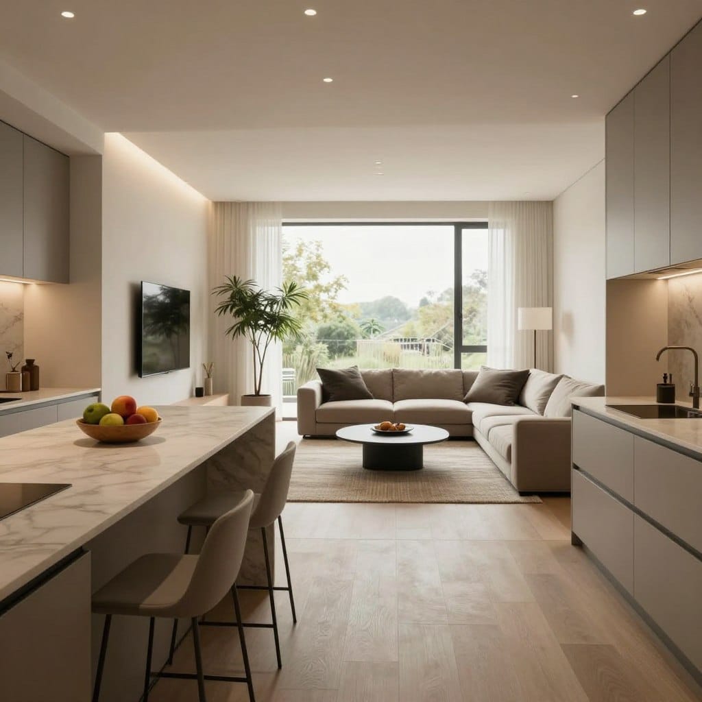 A serene minimalist open kitchen living room designed for small spaces. The foreground features a sleek kitchen island with a subtle marble top, minimalist bar stools, and a bowl of fresh fruits. In the middle, a comfortable yet modern living area showcases a low-profile sofa in muted tones, a textured area rug, and a sculptural coffee table. The background displays airy large windows allowing natural light to flood the space, emphasizing the clean lines and uncluttered surfaces. Soft ambient lighting enhances the warm, inviting atmosphere, while houseplants add a touch of greenery. Shot from a wide angle to capture the seamless flow of the design, creating a feeling of luxury and tranquility.