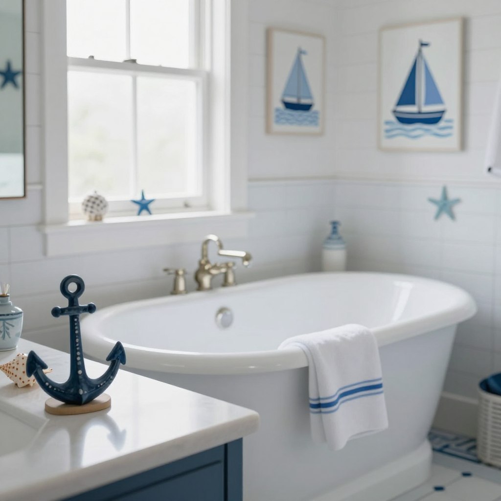 A serene nautical-themed bathroom showcasing a classic blue and white decor scheme. In the foreground, an elegantly arranged countertop displays a small nautical-themed decor item, like a seashell or a decorative anchor. The middle of the image features a stylish freestanding bathtub with crisp white towels and a subtle blue stripe. Soft, natural light streams in through a frosted window, creating a calm atmosphere. The background highlights white shiplap walls adorned with blue and white marine-inspired artwork, such as sailboats and starfish. The overall mood is fresh and inviting, reminiscent of a breezy seaside retreat, with an emphasis on cleanliness and tranquility. Capture the scene from a slight angle to emphasize depth and warmth.