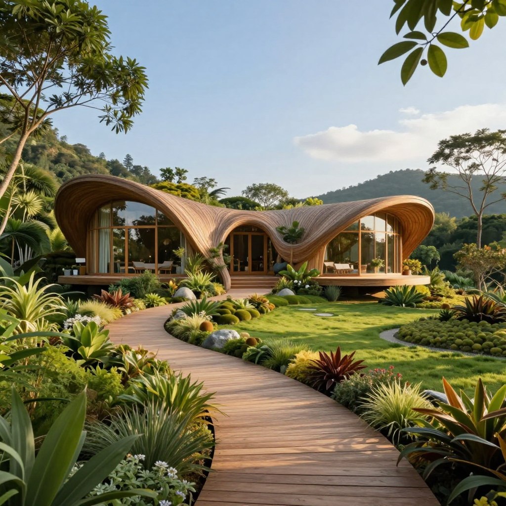 A serene organic architecture home nestled within a lush, verdant landscape. In the foreground, curving wooden walkways meander gracefully, lined with diverse flora. The middle ground features a modern, flowing house designed with natural materials, resembling a gentle wave or flower, its walls seamlessly integrating with the surrounding nature. Large windows reflect the sky and trees, inviting light into the interior. The background showcases a tranquil garden with soft, rounded shapes, complemented by gentle hills and a clear blue sky. The lighting is warm and inviting, with golden hour sunlight casting soft shadows. The atmosphere conveys harmony and tranquility, embodying the essence of organic design. Camera angle is slightly elevated, emphasizing the integration of architecture with nature.