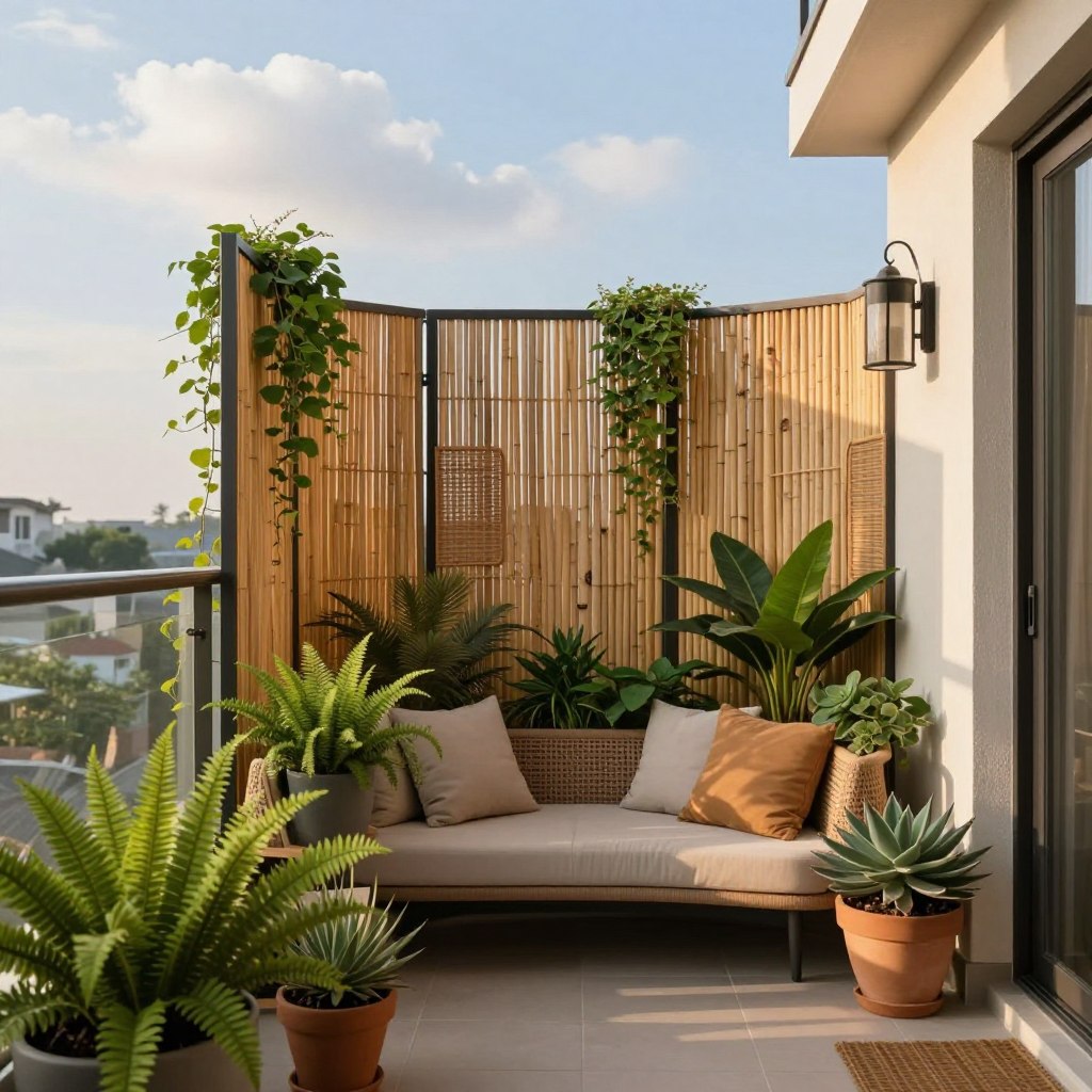 A serene private balcony oasis featuring elegant privacy screens adorned with climbing vines, harmoniously blending natural elements with modern design. In the foreground, lush potted plants in varying heights, including ferns and succulents, create a vibrant green atmosphere. A cozy seating area, draped with soft cushions, invites relaxation. The middle section showcases stylish privacy screens made of bamboo, offering an intimate feel, while subtle rattan accents enhance the modern aesthetic. In the background, a soft blue sky filtered by wispy white clouds enhances the serene ambiance. The lighting is warm and inviting, suggesting late afternoon sun, with shadows gently playing across the balcony. The mood is calming and rejuvenating, ideal for creating a personal urban retreat.