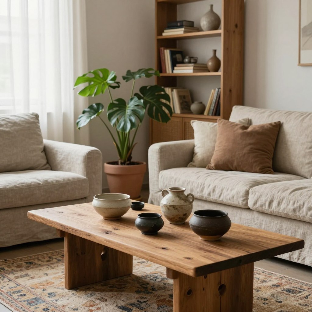 A serene wabi-sabi home decor scene featuring a cozy living room. In the foreground, a rustic wooden coffee table displays an assortment of handmade pottery, some slightly irregular in shape, exhibiting the beauty of imperfection. A textured linen sofa, adorned with soft earth-toned cushions, invites relaxation. In the middle, a large, vibrant potted plant adds a touch of nature, alongside a handwoven rug with faded patterns that evoke a sense of history. The background showcases a minimalist bookshelf filled with well-worn books and a few carefully chosen decorative pieces, all set against a light, neutral wall. Warm natural light filters through sheer curtains, enhancing the tranquil atmosphere, and creating soft shadows that add depth to the scene. The overall mood is calm, inviting, and reflective of the beauty found in simplicity and authenticity.