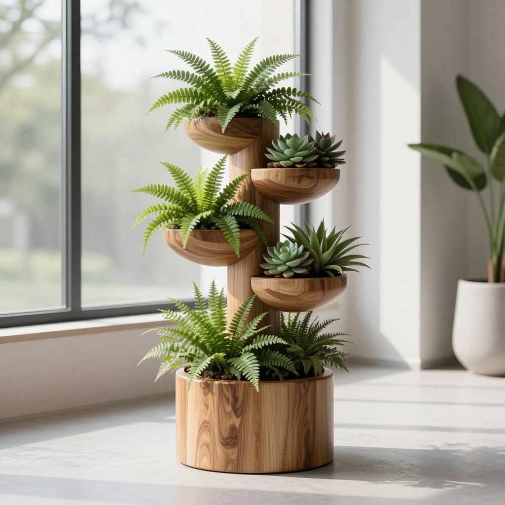A sleek and modern pedestal greenery stand, elegantly designed to showcase a variety of plants. The foreground features the stand made of sustainable wood, with a glossy finish highlighting its curves and clean lines. Lush greenery, including ferns and succulents, adorns each tier of the stand, bursting with vibrant colors. In the middle ground, soft natural light filters through a large window, creating gentle shadows that enhance the textures of both the plants and the furniture. In the background, a minimalist interior with neutral tones, such as soft whites and light grays, complements the stand without distraction. The overall atmosphere is serene and inviting, promoting a sense of harmony between nature and design. The image captures a perfect blend of functionality and aesthetics.