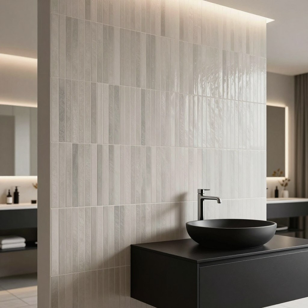 A sleek bathroom interior featuring a striking vertical ribbed porcelain tile accent wall, showcasing a modern design. The tiles are in soft, muted tones of ivory and light gray, arranged in a sophisticated pattern that adds depth and texture to the space. In the foreground, a minimalist vanity with a matte black finish complements the wall, complete with a chic vessel sink and elegant chrome fixtures. Soft, diffused lighting gently illuminates the scene, creating a warm and inviting atmosphere. The background reveals modern bathroom elements, including a mirror with integrated lighting and stylish decor items, while the floor is adorned with subtle, high-contrast tiles. The perspective is slightly elevated, capturing both the ribbed wall and the vanity in a harmonious composition that embodies contemporary design aesthetics. A sleek bathroom interior featuring a striking vertical ribbed porcelain tile accent wall, showcasing a modern design. The tiles are in soft, muted tones of ivory and light gray, arranged in a sophisticated pattern that adds depth and texture to the space. In the foreground, a minimalist vanity with a matte black finish complements the wall, complete with a chic vessel sink and elegant chrome fixtures. Soft, diffused lighting gently illuminates the scene, creating a warm and inviting atmosphere. The background reveals modern bathroom elements, including a mirror with integrated lighting and stylish decor items, while the floor is adorned with subtle, high-contrast tiles. The perspective is slightly elevated, capturing both the ribbed wall and the vanity in a harmonious composition that embodies contemporary design aesthetics.