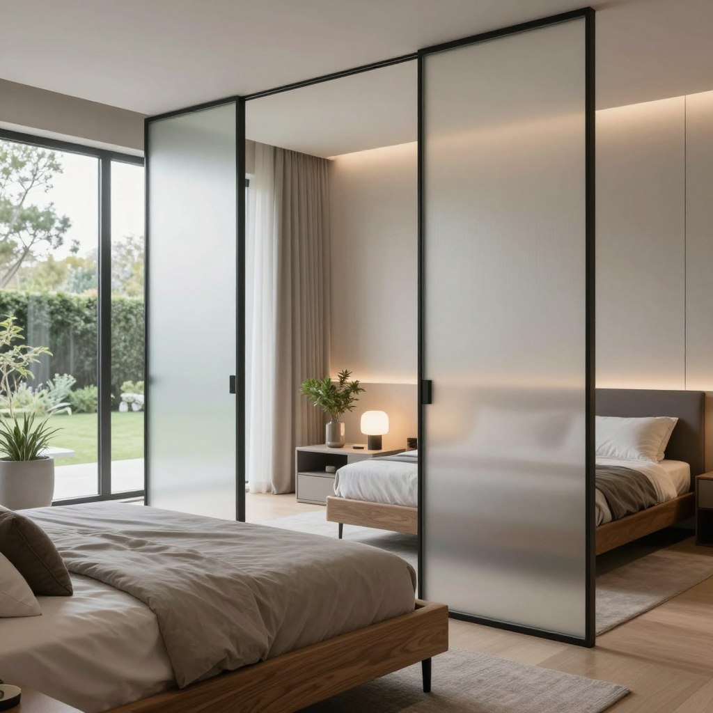 A sleek contemporary bedroom featuring a design that emphasizes privacy and light control with frosted privacy glass panels. In the foreground, a stylish wooden bed with plush bedding invites relaxation. The middle ground showcases a stylish nightstand with modern decor, including a small plant and a minimalistic lamp, adding warmth to the space. Elegant privacy glass partitions create a sense of separation, allowing light to filter in softly while maintaining intimacy. In the background, large windows reveal a serene garden view, enhancing the airy aesthetic. Soft, ambient lighting illuminates the room, with a focus on neutral color palettes and minimalist furnishings. The overall mood is tranquil and sophisticated, ideal for a modern living space that balances openness with privacy.