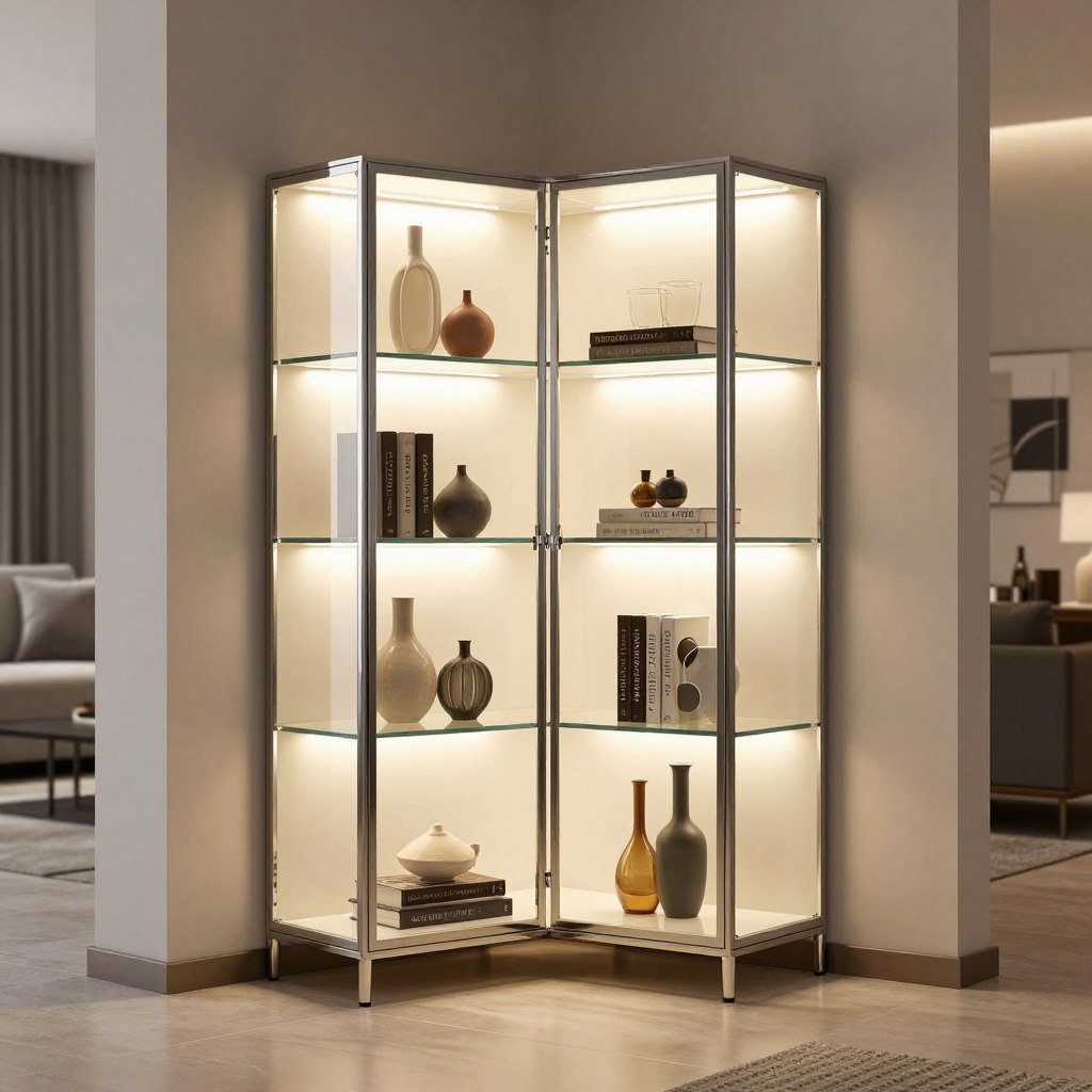 A sleek corner glass display cabinet, elegantly designed with a modern aesthetic, showcasing integrated LED lighting illuminating the glass shelves. The cabinet features a combination of clear tempered glass and a polished stainless steel frame, reflecting contemporary style. The foreground includes the cabinet filled with artfully arranged decorative objects like vases and books. In the middle, the cabinet stands prominently against a soft neutral wall, accentuated by subtle ambient lighting that creates a warm glow. The background features a softly blurred contemporary living room setting with minimalist decor, enhancing the cabinet's elegant presence. The overall mood is sophisticated and inviting, perfect for a modern living space. The image should capture the details of the lighting and materials, emphasizing clarity and visual appeal.