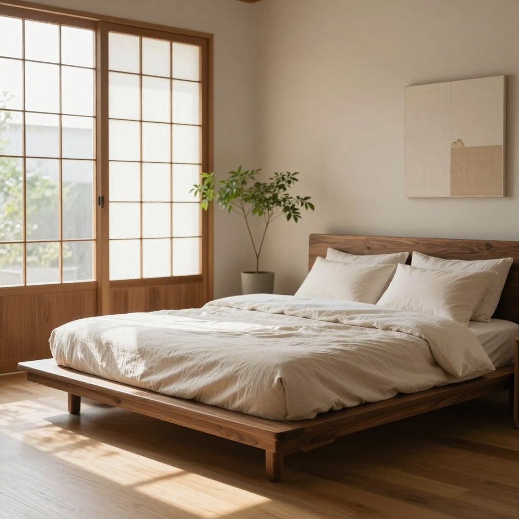 A sleek, low profile Japanese-inspired platform bed occupies the foreground, crafted from rich, dark wood with simple, clean lines that emphasize minimalism. The bed is adorned with a neutral-colored bedding set featuring subtle textures, including a soft quilt and plush pillows arranged neatly. In the middle ground, a serene room is bathed in warm, natural light streaming through large shoji-style windows, casting soft shadows on the smooth wooden floor. Delicate green plants in minimal pots punctuate the space, enhancing the calming atmosphere. The background features a muted, earthy wall with a few artful touches, like a simple painting and light wood accents, creating a tranquil and harmonious feel, ideal for showcasing a modern, Japanese aesthetic. The overall mood is peaceful and inviting, perfect for a minimalist sanctuary.