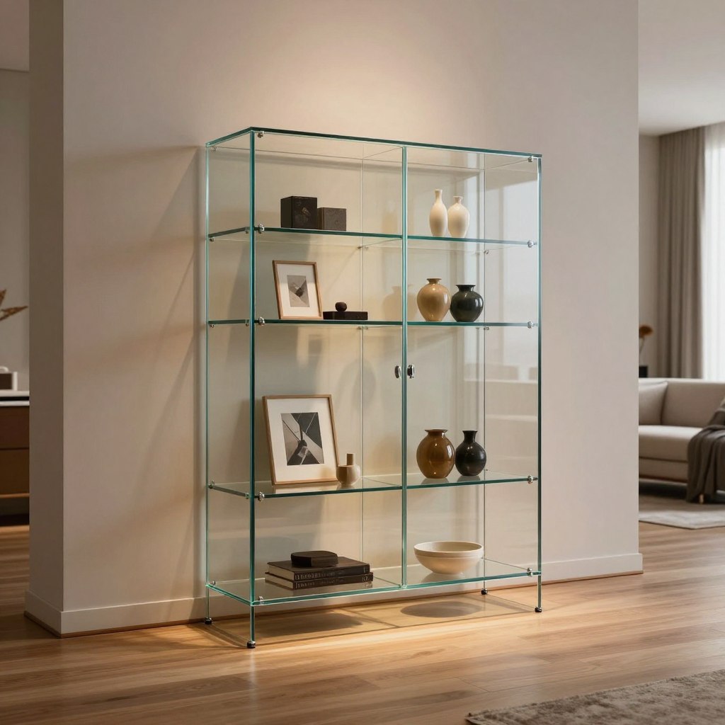 A sleek, minimalist frameless tempered glass curio cabinet stands majestically against a softly illuminated wall in a contemporary living room. The cabinet, designed with sharp lines and no visible hardware, showcases an array of elegant glass shelves filled with tasteful decor items such as art pieces and ceramics. The room is bathed in warm, ambient lighting, casting gentle reflections on the glass surfaces. The foreground features a polished wooden floor, while the middle showcases the cabinet’s stylish form, with its glass panels creating a seamless view of the interior. In the background, soft, neutral-colored furniture hints at a modern aesthetic. The atmosphere is tranquil and sophisticated, embodying contemporary decor with an emphasis on clarity and minimalism. The perspective is eye-level, capturing the cabinet as a striking centerpiece without any people or distractions present.