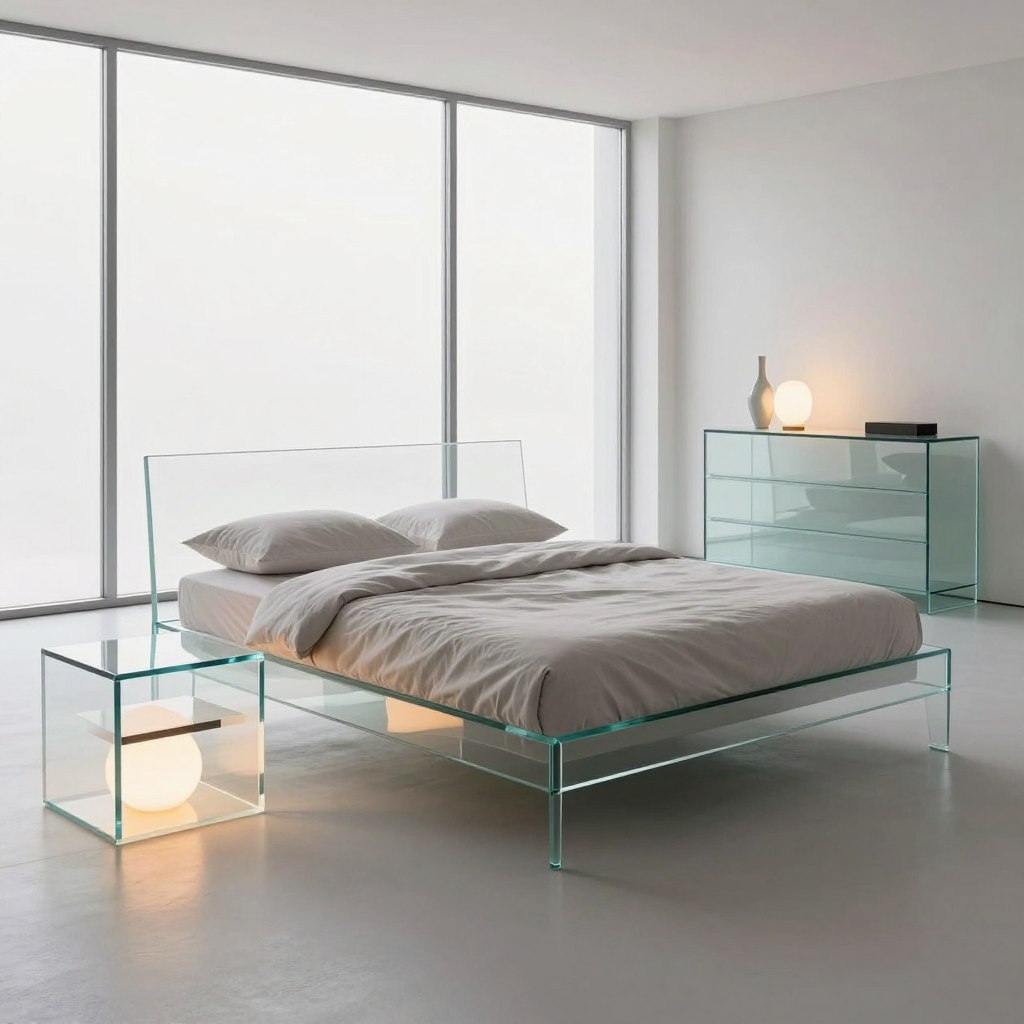 A sleek, modern bedroom interior showcasing a harmonious blend of glass furniture and surfaces. In the foreground, a minimalist glass nightstand with soft, ambient lighting illuminating its edges, reflecting a warm glow. Centered is a stunning glass bed frame with elegant lines and a plush bedding set that adds texture. The middle ground features a large glass dresser with subtle, contemporary decor items, like a sleek vase and a glowing lamp. The background reveals floor-to-ceiling windows that invite natural light, casting soft shadows and creating an airy atmosphere. The color palette consists of soft whites, light grays, and pastel tones, enhancing the serene mood. Shot with a wide-angle lens to capture the spaciousness and depth, evoking a fresh and inviting aesthetic suitable for modern living.