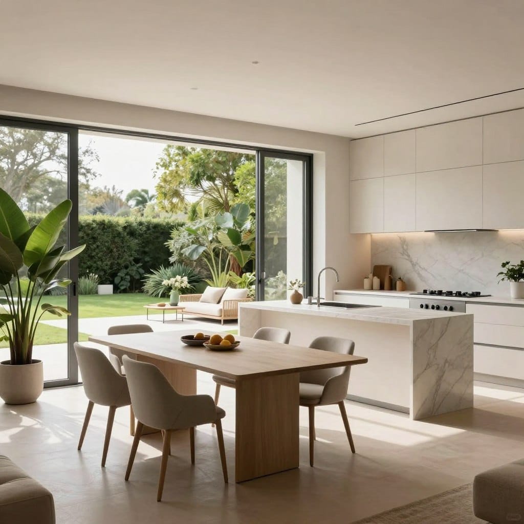 A sleek, modern kitchen seamlessly transitions into a spacious living room, surrounded by large glass doors that open to a sun-drenched outdoor patio. In the foreground, a minimalist dining table with elegant chairs sits near a large potted plant, creating warmth. The middle ground features a stylish kitchen island with high-end appliances and subtle marble accents. In the background, the outdoor area showcases a serene garden, lush greenery, and comfortable lounge seating. Soft, natural light floods the space, enhancing the serene, airy atmosphere. The color palette consists of soft whites, earthy tones, and touches of green, conveying a sense of luxury and tranquility. The angle captures both indoor and outdoor spaces harmoniously, illustrating a perfect blend of indoor-outdoor living.