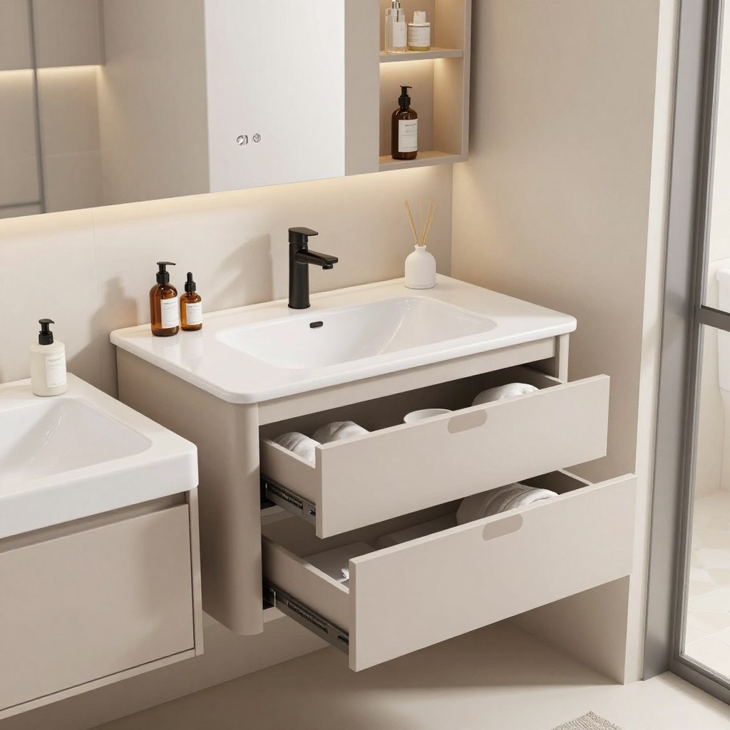 A sleek, smart multi-functional vanity designed for a small bathroom, showcasing integrated storage options like pull-out drawers and open shelving. The foreground features a beautifully finished countertop with minimalistic accessories, like a small mirror and elegant toiletries. In the middle, the vanity embodies a modern style with clean lines and a neutral color palette, accentuated by clever lighting that highlights its features. The background presents a cozy bathroom setting with light-colored walls and tasteful tile, contributing to an airy atmosphere. The scene is softly illuminated, creating a serene and inviting mood. The image is framed at a slight angle to enhance depth, simulating a professional interior design photograph.