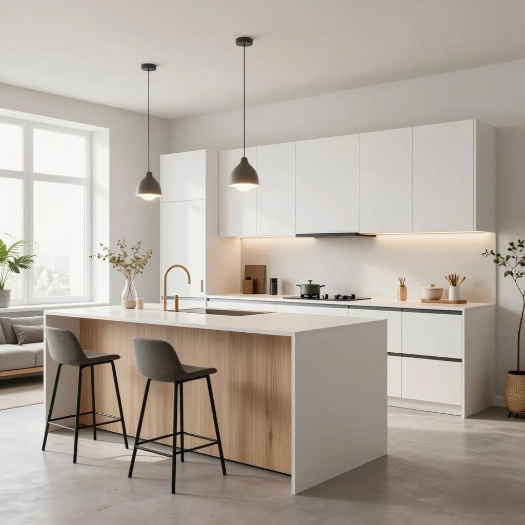 A sleek urban minimalist one-wall kitchen featuring a mobile island at its center. The kitchen has smooth white cabinetry and a clean, seamless countertop, complemented by matte black hardware for a modern touch. In the foreground, the mobile island showcases a light wood finish, with stylish bar stools that enhance its functionality. Subtle pendant lights hang overhead, casting a warm glow, while large windows allow natural light to flood the space. In the background, an open living area maintains an airy ambiance, accented with indoor plants and minimalist decor. The scene conveys a harmonious blend of functionality and elegance, showcasing simplicity and efficiency in a modern apartment layout.
