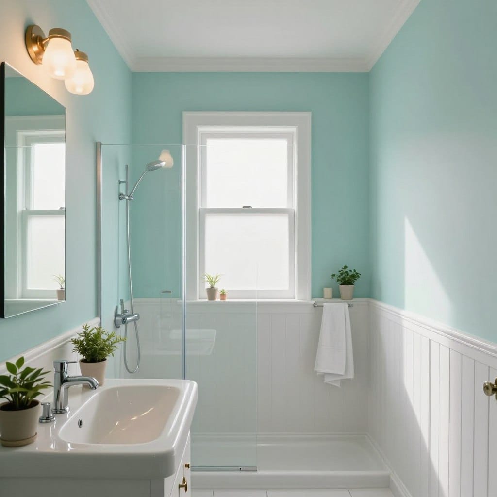 A small bathroom beautifully showcasing a pale, muted aqua color scheme, paired with elegant white wainscoting along the lower half of the walls. The foreground features a sleek, modern sink with a polished chrome faucet, surrounded by small potted plants for a touch of greenery. In the middle, the walls exude a calming atmosphere, while natural light streams in from a frosted window, accentuating the soft aqua hues. The background includes a minimalistic shower with glass doors and tasteful accessories, such as neatly arranged towels and a stylish mirror reflecting the serene color palette. The overall mood is tranquil and spacious, enhanced by warm lighting that creates a cozy yet airy feel. The perspective is flat, capturing the entire room without any human subjects, ensuring a peaceful and inviting ambiance.