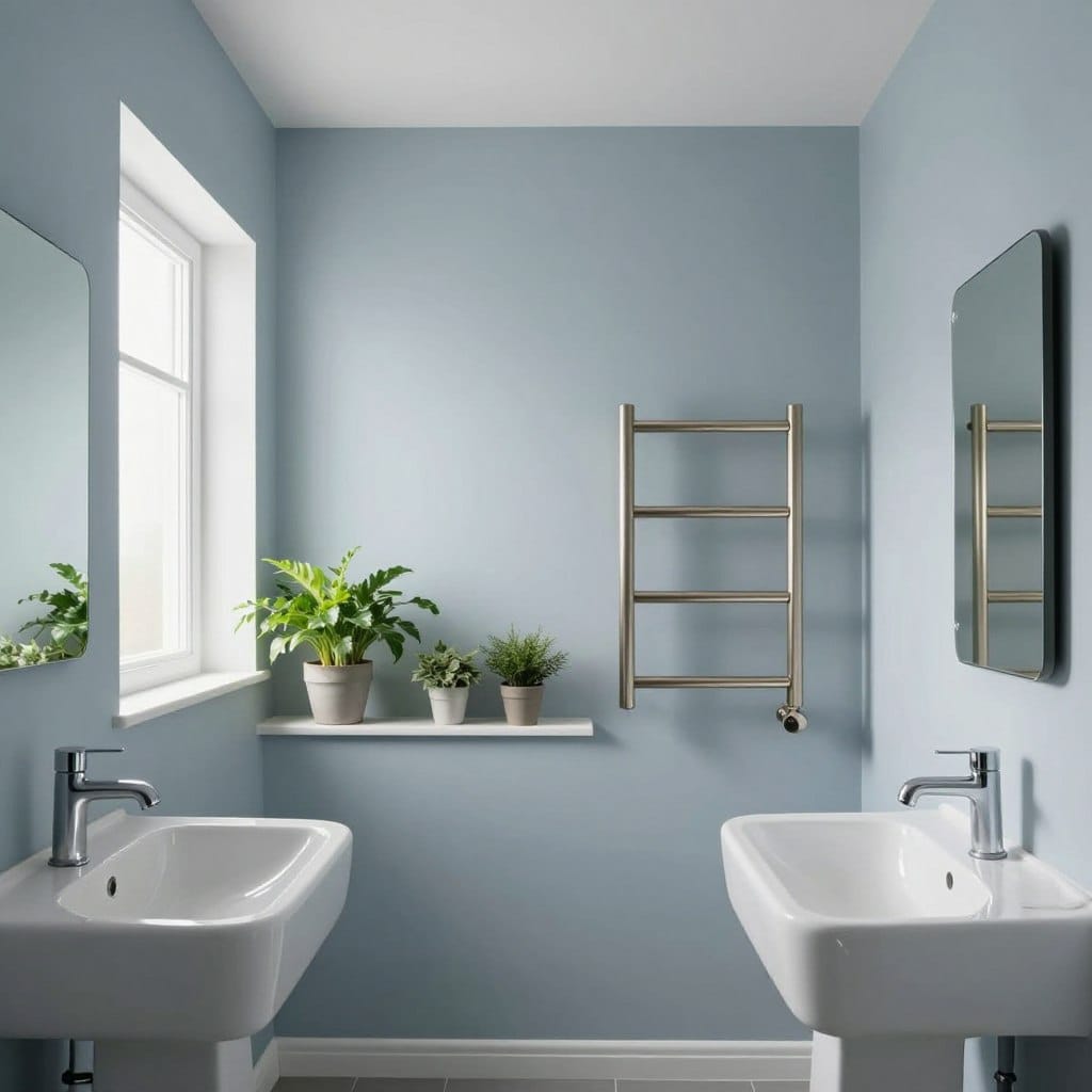 A small bathroom interior featuring soothing icy blue-gray paint on the walls, creating a tranquil atmosphere. In the foreground, include modern bathroom fixtures like a sleek white sink and a stylish, minimalist mirror that reflects the calming color. The middle ground should showcase elegant accents, such as brushed nickel towel bars and a neatly arranged collection of fresh green plants that add a touch of vibrancy. In the background, soft natural light pours in from a frosted window, enhancing the cool tones and making the space feel airy and expansive. Use a wide-angle lens to capture the entirety of this cozy yet stylish bathroom, evoking a sense of serenity and spaciousness, perfect for showcasing modern small space design.