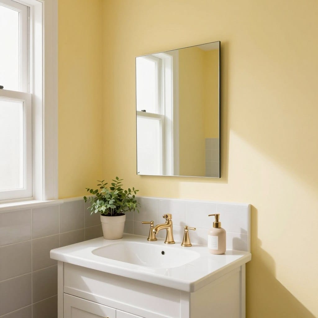 A small, elegant bathroom showcasing walls painted in a pale buttery yellow, creating a warm and inviting atmosphere. The foreground features a stylish white vanity with brushed nickel fixtures, adorned with a small potted plant for a touch of greenery. In the middle, a well-lit mirror hangs above the vanity, reflecting the soft yellow hue and enhancing the space's brightness. The background includes tasteful ceramic tiles in subtle shades of grey, complementing the yellow walls. Natural light pours in from a frosted window, casting soft shadows and highlighting the smooth paint finish. The overall mood is calm and soothing, perfect for a sanctuary-like small bathroom. The image captures the essence of airy elegance, ideal for illustrating a refreshing color choice.