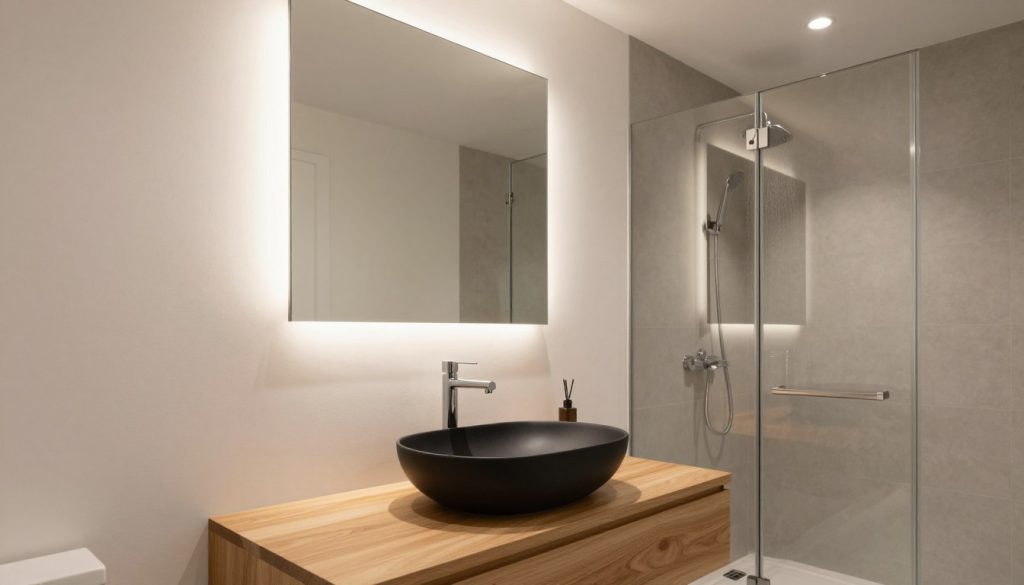 A small, modern bathroom designed with elevated minimalist fixture finishes. In the foreground, a sleek vessel sink made of matte black ceramic sits atop a floating wooden vanity, with minimalistic chrome faucet. The middle ground features a large, frameless wall mirror reflecting soft, ambient lighting from recessed ceiling fixtures. In the background, a walk-in shower with clear glass doors showcases elegant gray tiling and a rainfall showerhead. The overall color palette consists of soft whites, muted grays, and natural wood accents, creating a serene and sophisticated atmosphere. The scene is illuminated with warm, diffused lighting, enhancing the inviting mood. The angle is a slightly elevated view, capturing the full layout while highlighting the clean lines and stylish simplicity of the bathroom design.