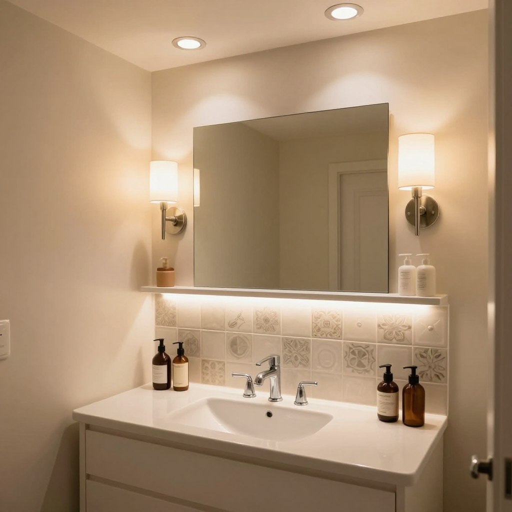 A small, modern bathroom featuring layered and strategic lighting to enhance its design. In the foreground, a sleek, white vanity with polished chrome fixtures and neatly arranged toiletries. The middle layer showcases warm, adjustable LED strip lights placed under the floating shelves, reflecting off elegant ceramic tiles. A combination of recessed ceiling lights and sconces flanks a stylish mirror, casting a soft glow. The background reveals light-colored walls with minimal decor, creating an airy feel. The atmosphere is calm and inviting, emphasized by the warm lighting that highlights textures and colors. The lens captures the scene from a slightly elevated angle, showcasing the effective use of space and illumination in a compact setting.
