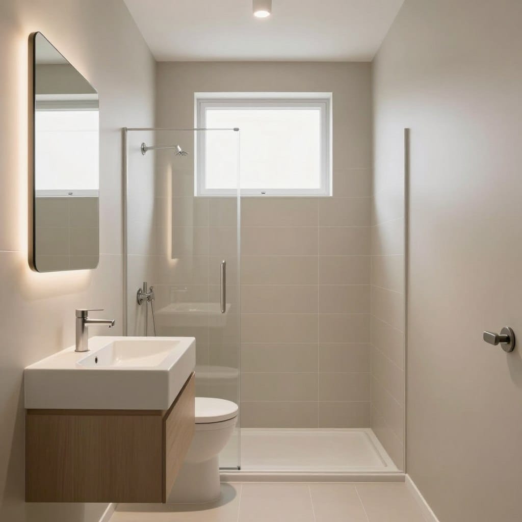 A small modern bathroom showcasing warm, pale greige paint on the walls, reminiscent of Behr's "Accessible Beige." In the foreground, sleek, contemporary fixtures like a wall-mounted sink with a minimalist faucet and a stylish mirror with soft, ambient lighting. The middle layer features a compact shower area with elegant tiles that complement the greige hue, accented by white and light wood elements. The background includes natural light streaming in through a frosted window, creating a bright and inviting atmosphere. The overall mood is serene and sophisticated, with a focus on maximizing the sense of space in the cleverly designed layout. The camera angle captures the entire room, emphasizing its modern aesthetics and cozy feel.