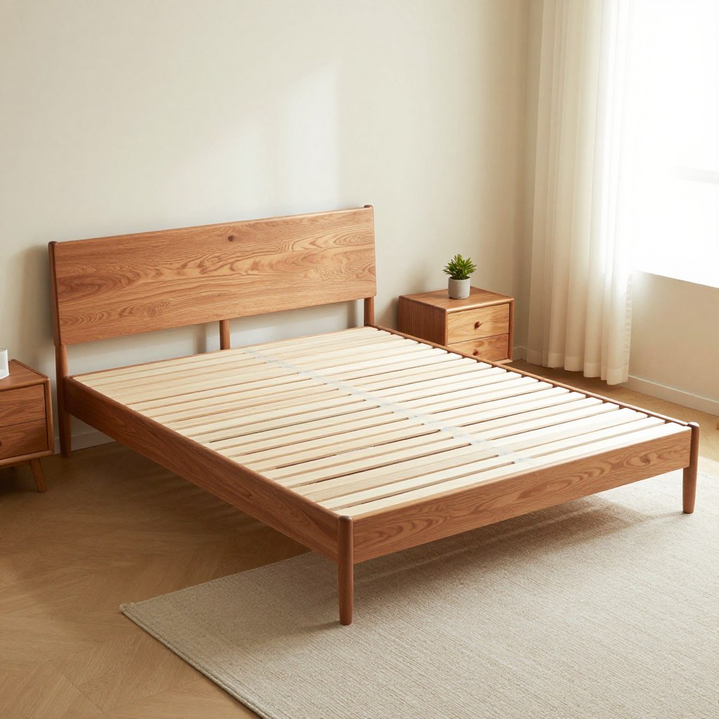 A solid walnut slatted platform bed, showcasing a minimalist design with clean lines and natural wood grain, takes center stage. The bed frame features horizontal slats and a low-profile design, emphasizing its sleek silhouette. Surrounding the bed, a softly lit, airy bedroom creates a serene atmosphere, with pale-colored walls and gentle natural light streaming in from a nearby window, casting soft shadows. An elegant bedside table with a small potted plant adds a touch of greenery, complementing the warm tones of the walnut. The camera angle is slightly elevated, capturing both the bed and a cozy rug beneath it, enhancing the inviting feel of the room. Overall, the composition exudes tranquility, perfect for a minimalist aesthetic.