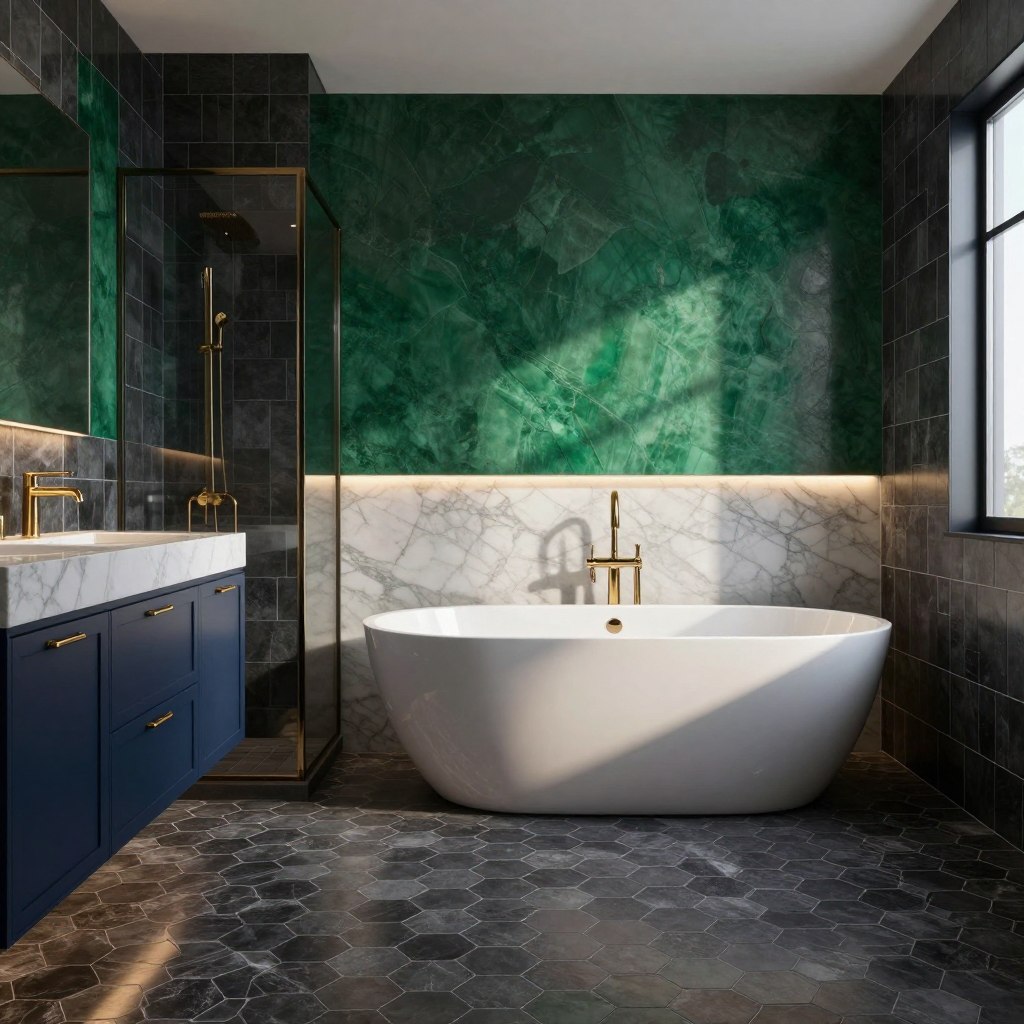 A sophisticated bathroom design featuring a stunning dark tile theme that combines charcoal, navy, and emerald hues. In the foreground, beautiful hexagonal charcoal tiles line the floor, creating an elegant foundation. The middle layer showcases striking emerald green accent walls with rich textures, complemented by navy cabinetry with sleek gold fixtures. A modern freestanding tub rests against a backlit marble wall, reflecting sophisticated shadows. Soft, ambient lighting creates a warm and inviting atmosphere, casting gentle highlights across the tiles. The background reveals a stylishly frameless shower enclosure, with dark glass and minimalist hardware, enhancing the dramatic effect of the color palette. The overall mood is luxurious and serene, perfect for a calm retreat. A sophisticated bathroom design featuring a stunning dark tile theme that combines charcoal, navy, and emerald hues. In the foreground, beautiful hexagonal charcoal tiles line the floor, creating an elegant foundation. The middle layer showcases striking emerald green accent walls with rich textures, complemented by navy cabinetry with sleek gold fixtures. A modern freestanding tub rests against a backlit marble wall, reflecting sophisticated shadows. Soft, ambient lighting creates a warm and inviting atmosphere, casting gentle highlights across the tiles. The background reveals a stylishly frameless shower enclosure, with dark glass and minimalist hardware, enhancing the dramatic effect of the color palette. The overall mood is luxurious and serene, perfect for a calm retreat.