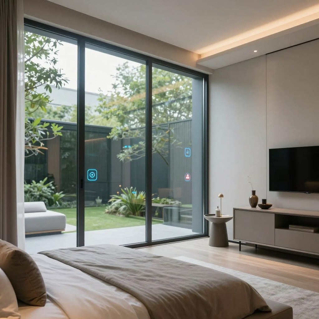 A sophisticated glass bedroom interior featuring sleek smart window films that adjust transparency. In the foreground, a modern bed dressed in soft, neutral linens against a large glass wall that allows natural light to flood the space. The middle ground features minimalistic furniture—a stylish nightstand and a contemporary dresser with elegant decor items. In the background, lush greenery can be seen through the glass, creating a tranquil atmosphere. Soft, diffused lighting enhances the serene mood, with additional warm light fixtures providing a cozy glow. The scene is captured with a slightly elevated angle, emphasizing both the luxurious aesthetic and the innovative use of smart glass, showcasing elegance and privacy in a fashionable setting.