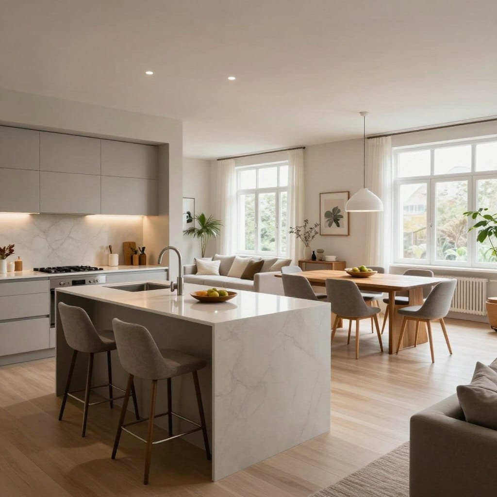 A spacious and modern open-concept living room featuring a classic L-shaped kitchen with a stylish peninsula. In the foreground, a sleek kitchen island with elegant bar stools invites casual dining. The middle ground showcases a well-organized dining area with a stylish wooden table and chic chairs, perfect for entertaining guests. In the background, large windows allow natural light to flood the space, enhancing the bright and airy atmosphere. The color palette consists of soft neutrals and warm wooden accents, creating a welcoming feel. The scene is illuminated with soft, ambient lighting, adding a cozy touch. Capture this layout from a slightly elevated angle to highlight the flow between kitchen and living areas, conveying a sense of comfort and sophistication in a contemporary apartment setting.