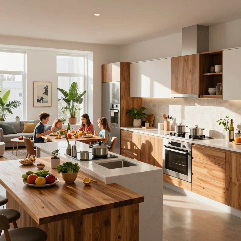 A spacious, family-friendly U-shaped kitchen layout, designed for a modern apartment, featuring a central island with bar seating. In the foreground, a polished wooden counter showcases fresh ingredients and cooking utensils. The middle section reveals sleek cabinetry with a mix of white and warm wood tones, complemented by stainless steel appliances. Sunlight pours in through a large window, creating a bright and inviting atmosphere. A cozy dining area, seamlessly connected to the kitchen, includes a wooden table set for a family meal, surrounded by tasteful decor elements like potted plants and art pieces. In the background, the living area is visible, with comfortable seating and a contemporary feel. The scene conveys a warm, functional, and stylish ambiance, perfect for family gatherings.