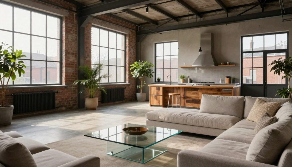 A spacious industrial glass loft apartment showcasing minimalist decor, featuring large floor-to-ceiling windows allowing natural light to flood the space. In the foreground, there is a sleek, modern glass coffee table paired with a soft, neutral-toned sofa and textured throw pillows. The middle ground displays a streamlined kitchen with stainless steel appliances and an island made of reclaimed wood. A few potted plants add a touch of greenery to the environment. In the background, exposed brick walls and metal beams emphasize the industrial aesthetic. The lighting is warm and inviting, casting soft shadows that enhance the serene atmosphere. A wide-angle view captures the expansive layout, creating a sense of openness and tranquility in the design.