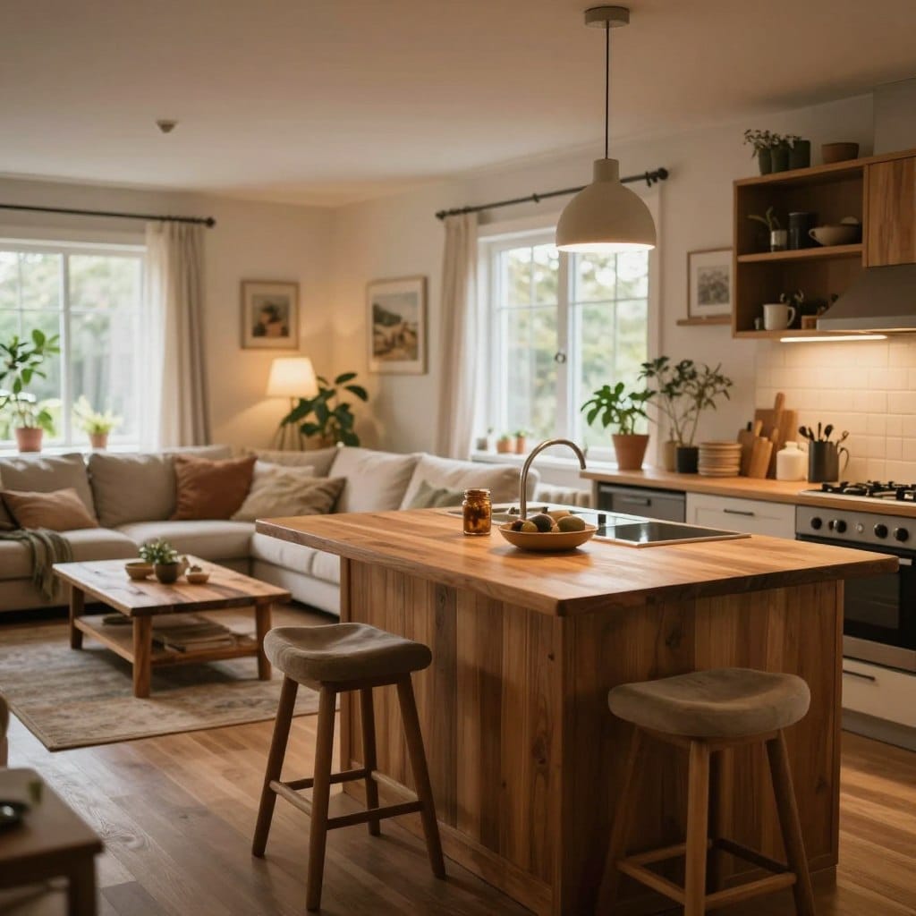 A spacious living area featuring a cozy kitchen island at its center, surrounded by warm, inviting lighting. In the foreground, the kitchen island is crafted from textured wood with soft bar stools for seating. The middle ground reveals an open layout with a comfortable sofa adorned with plush cushions, a coffee table made of reclaimed wood, and decorative plants adding life to the space. The background showcases large windows that allow natural light to flood in, enhancing the warm ambiance. Subtle details, like soft fabrics and earthy colors, create a sense of comfort. Capture this scene with a warm color palette, using a soft-focus lens to evoke a cozy, intimate atmosphere, perfect for a welcoming home environment.