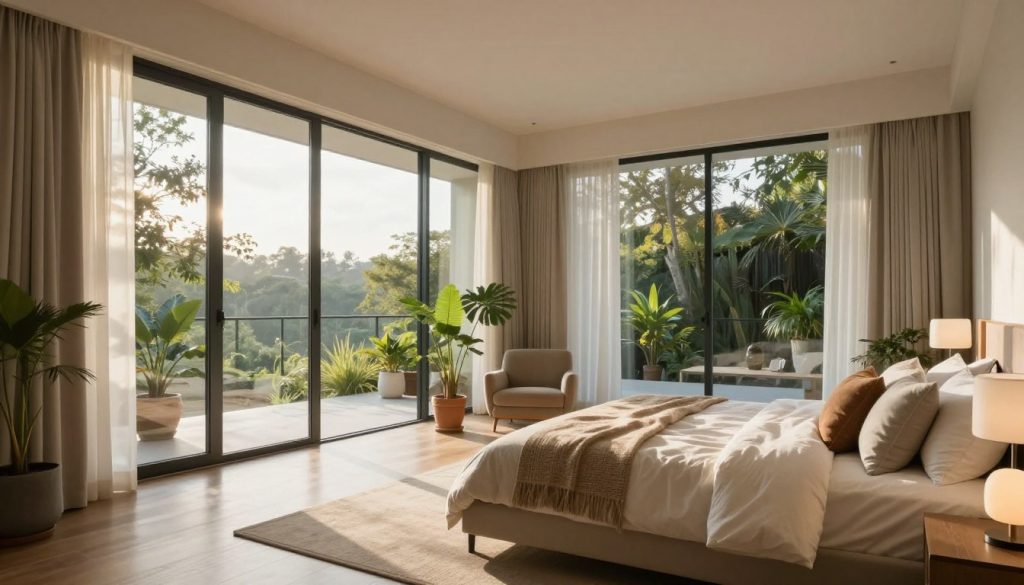A spacious modern bedroom designed to maximize natural light, featuring large glass walls and a high ceiling. In the foreground, a neatly made king-sized bed is adorned with light-colored bedding and a few decorative pillows. On one side, a stylish bedside table holds a minimalist lamp. The middle ground shows a cozy reading nook with a plush armchair positioned near the glass wall, allowing sunlight to flood in. Potted plants add a touch of greenery, enhancing the atmosphere. In the background, sheer curtains softly diffuse the sunlight, creating a warm, inviting glow. The overall mood is serene and refreshing, ideal for a calming retreat. The image is captured from a wide-angle perspective, highlighting the spaciousness and airy feel of the room, with soft, natural lighting accentuating the interior design elements.