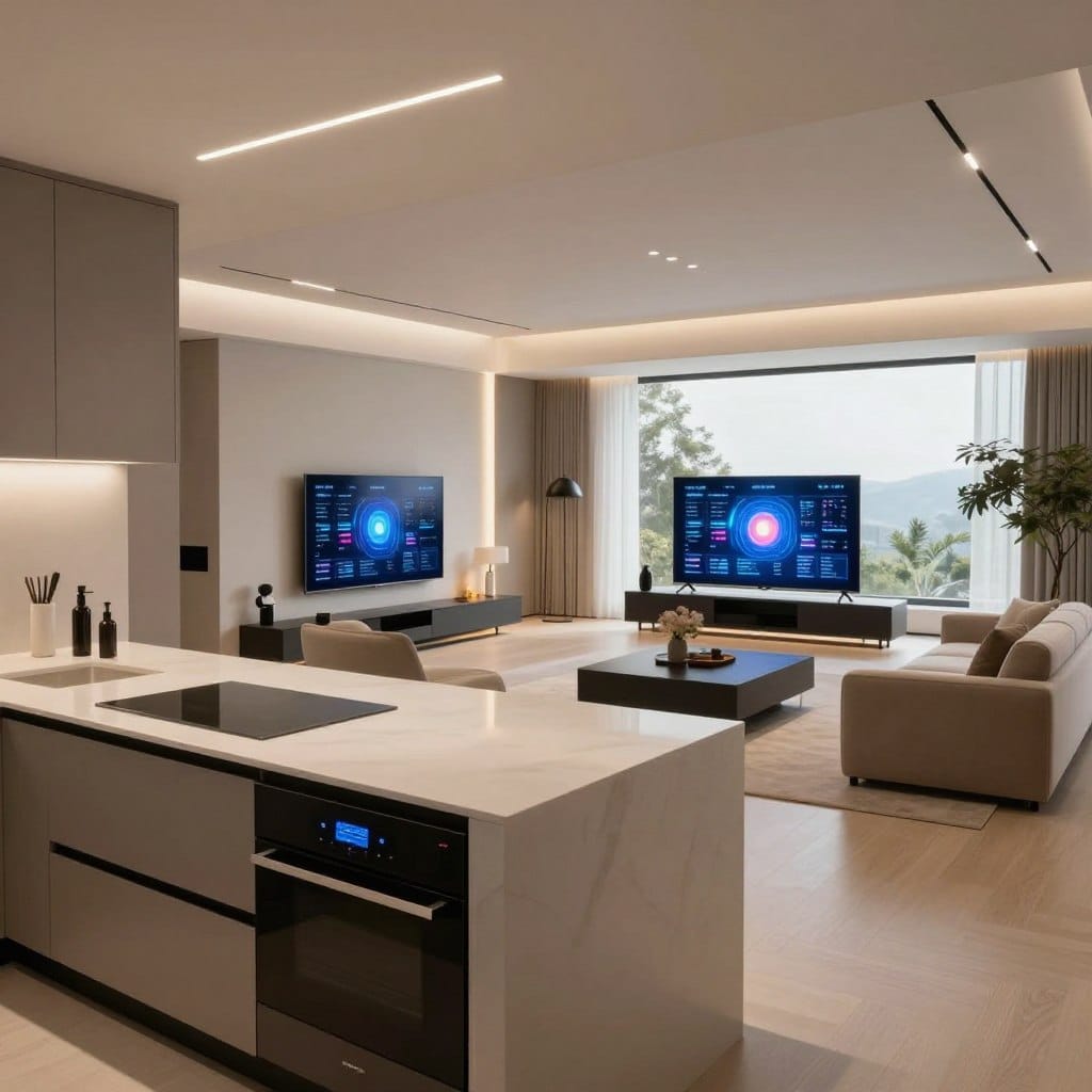 A spacious, modern open concept kitchen and living room seamlessly integrated with smart home technology. In the foreground, a sleek kitchen island features touch-sensitive controls and smart appliances, while LED lights subtly illuminate the space. The middle ground showcases a cozy living area with a sophisticated smart TV and automated lighting, arranged around plush, stylish furniture in neutral tones. Large windows in the background allow natural light to spill in, enhancing the contemporary feel. Warm ambient lighting creates an inviting atmosphere, highlighting the clean lines and minimalist decor. The scene is captured from a slightly elevated angle, providing a comprehensive view of this modern living space that embodies convenience and elegance.