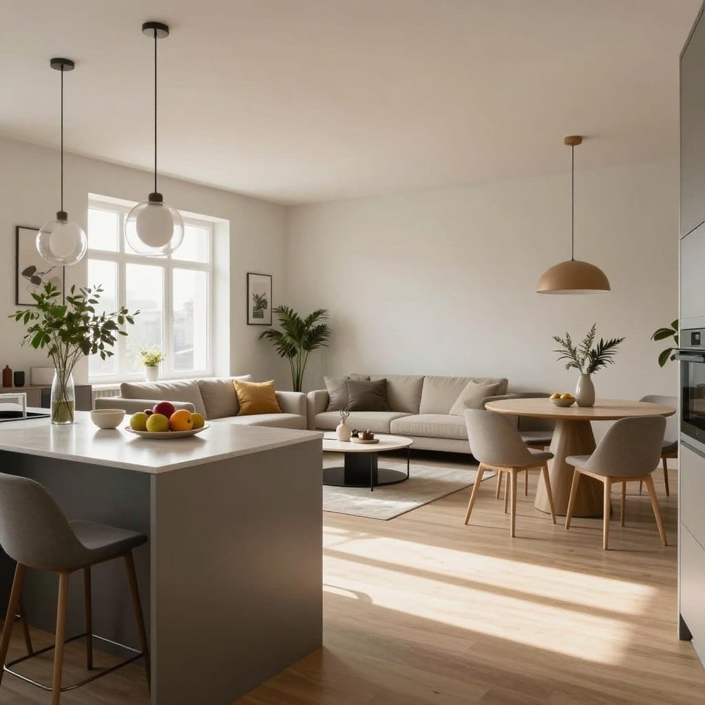 A spacious open concept kitchen seamlessly flowing into a stylish living room, designed for modern apartments. In the foreground, a sleek kitchen island with minimalist bar stools, adorned with fresh fruits and modern kitchenware. In the middle, a cozy living area featuring a contemporary sofa, elegant coffee table, and tasteful decor. Soft natural light streams through large windows, creating a warm and inviting atmosphere. The walls are painted in soft neutral tones, with accents of greenery from potted plants. In the background, a well-defined dining space with a chic dining table and modern lighting fixtures hangs above. The angle captures the harmony of space and functionality, offering a glimpse into the ideal balance of comfort and style in open concept living.