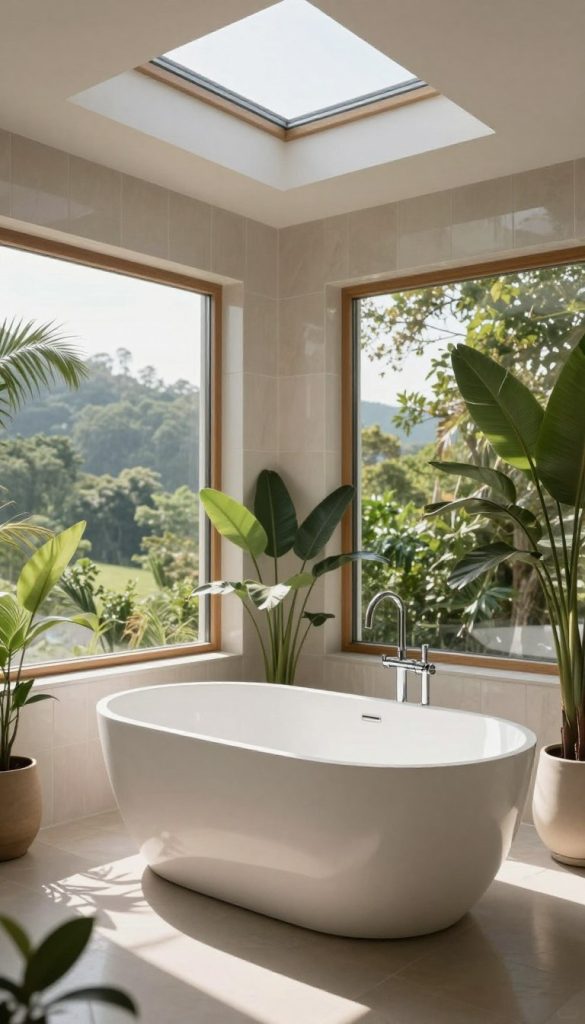 A stunning bathroom scene featuring innovative bathtub styles positioned near multiple large windows, showcasing expansive views of serene nature outside. The centerpiece is a modern freestanding bathtub with sleek curves, surrounded by elegant plants for a touch of greenery. In the background, large windows allow natural light to flood the room, and a skylight above enhances the ambiance. The walls are adorned with soft, neutral tones and elegant tiles that reflect the light. The atmosphere is tranquil, evoking a sense of relaxation and harmony with nature. Soft shadows are cast by the sunlight, creating a warm and inviting environment. The angle highlights both the bathtub and the breathtaking views outside, emphasizing the connection between indoor luxury and the beauty of the outdoors. A stunning bathroom scene featuring innovative bathtub styles positioned near multiple large windows, showcasing expansive views of serene nature outside. The centerpiece is a modern freestanding bathtub with sleek curves, surrounded by elegant plants for a touch of greenery. In the background, large windows allow natural light to flood the room, and a skylight above enhances the ambiance. The walls are adorned with soft, neutral tones and elegant tiles that reflect the light. The atmosphere is tranquil, evoking a sense of relaxation and harmony with nature. Soft shadows are cast by the sunlight, creating a warm and inviting environment. The angle highlights both the bathtub and the breathtaking views outside, emphasizing the connection between indoor luxury and the beauty of the outdoors.